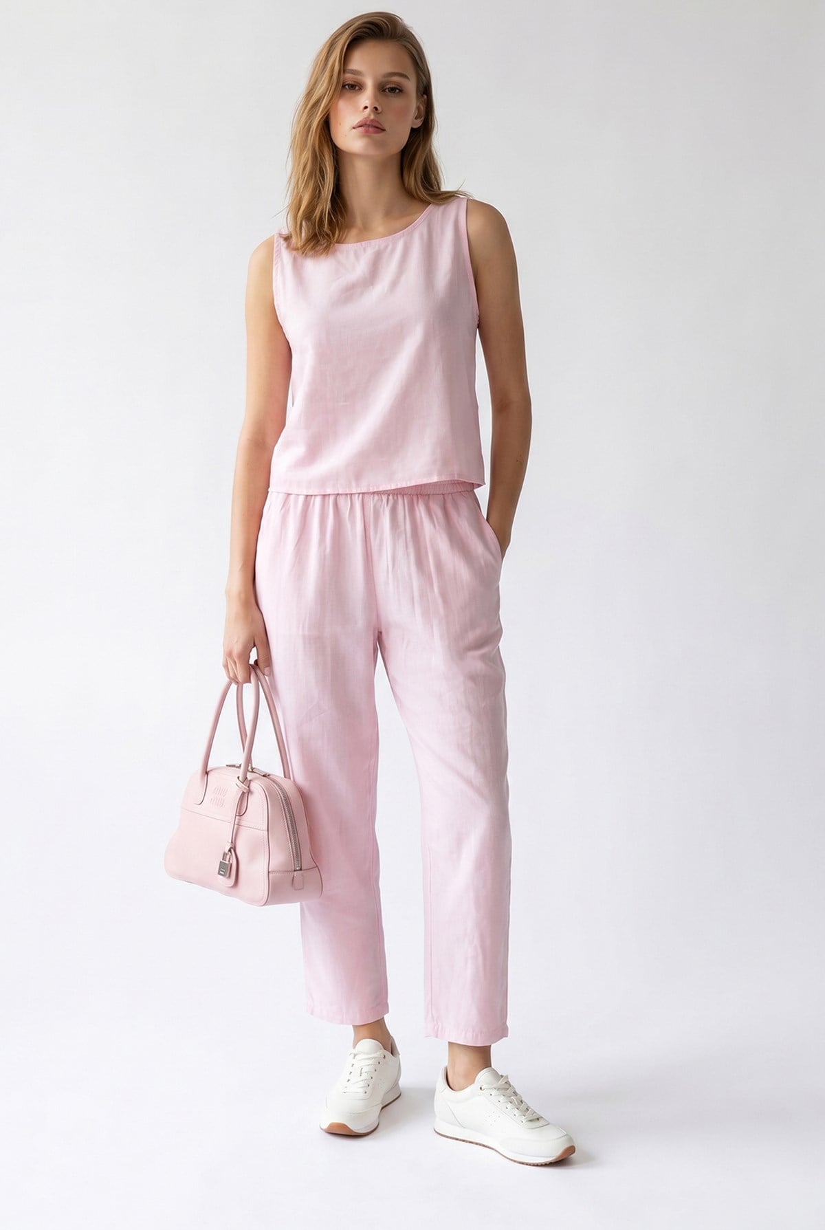 2152 Kadın Bisiklet Yaka Bluz Beli Lastikli Pantolon Takım Pembe