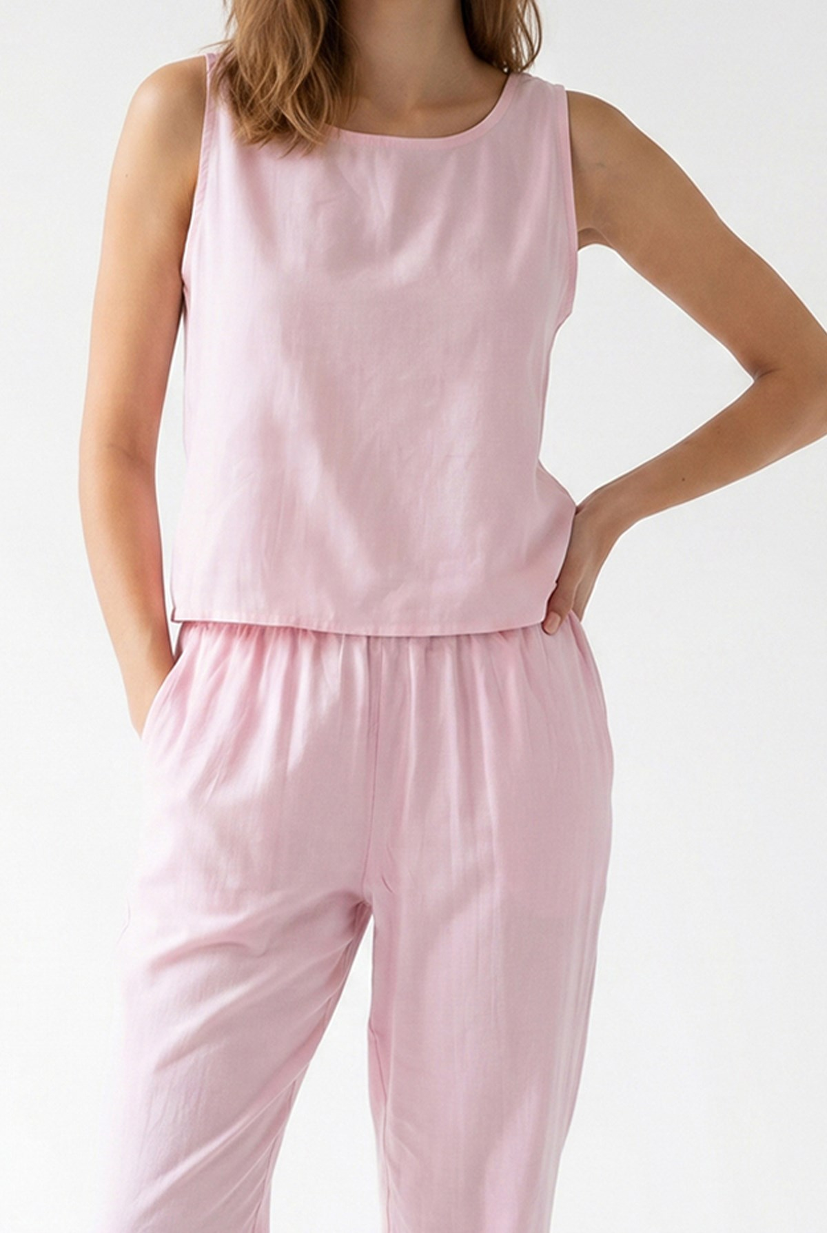 2152 Kadın Bisiklet Yaka Bluz Beli Lastikli Pantolon Takım Pembe