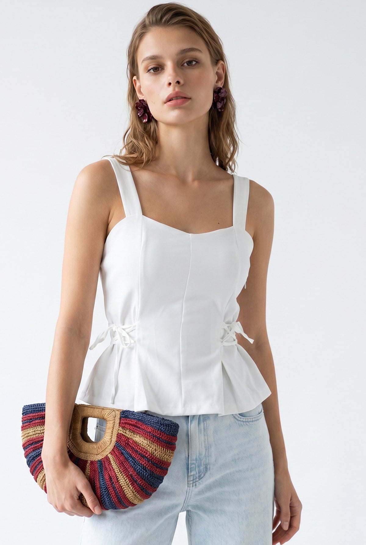2153 Kadın Çapraz Bağcıklı Askılı Peplum Bluz Beyaz