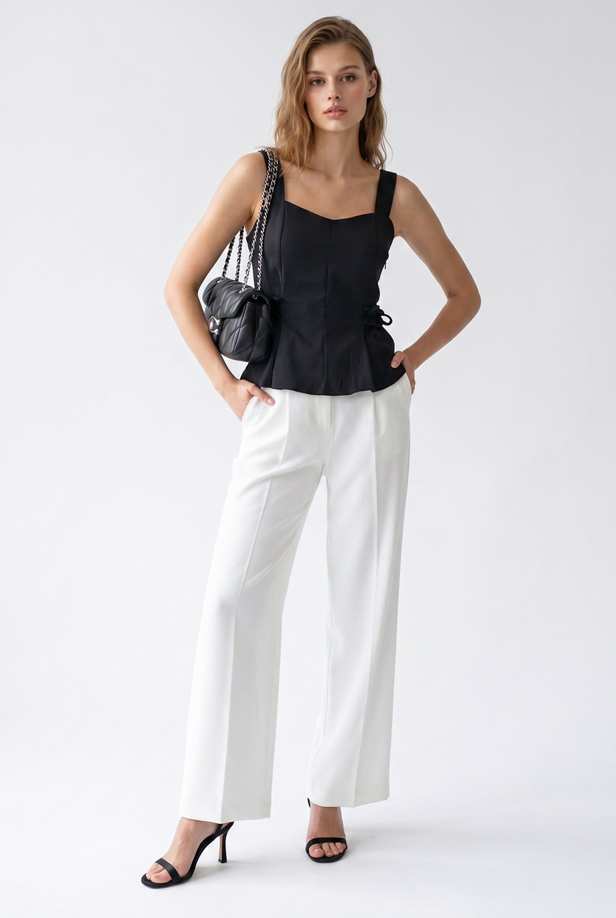 2153 Kadın Çapraz Bağcıklı Askılı Peplum Bluz Siyah