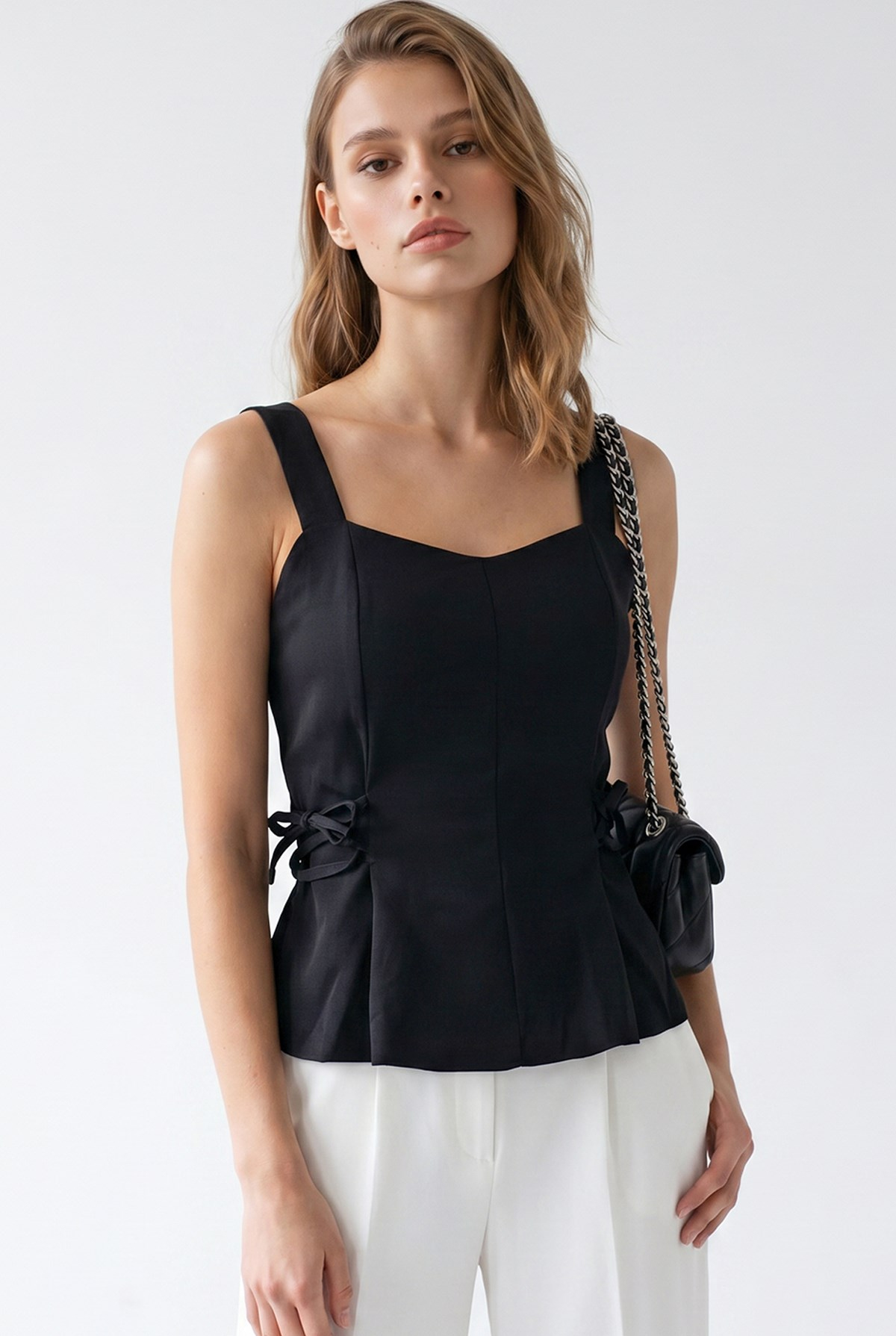 2153 Kadın Çapraz Bağcıklı Askılı Peplum Bluz Siyah