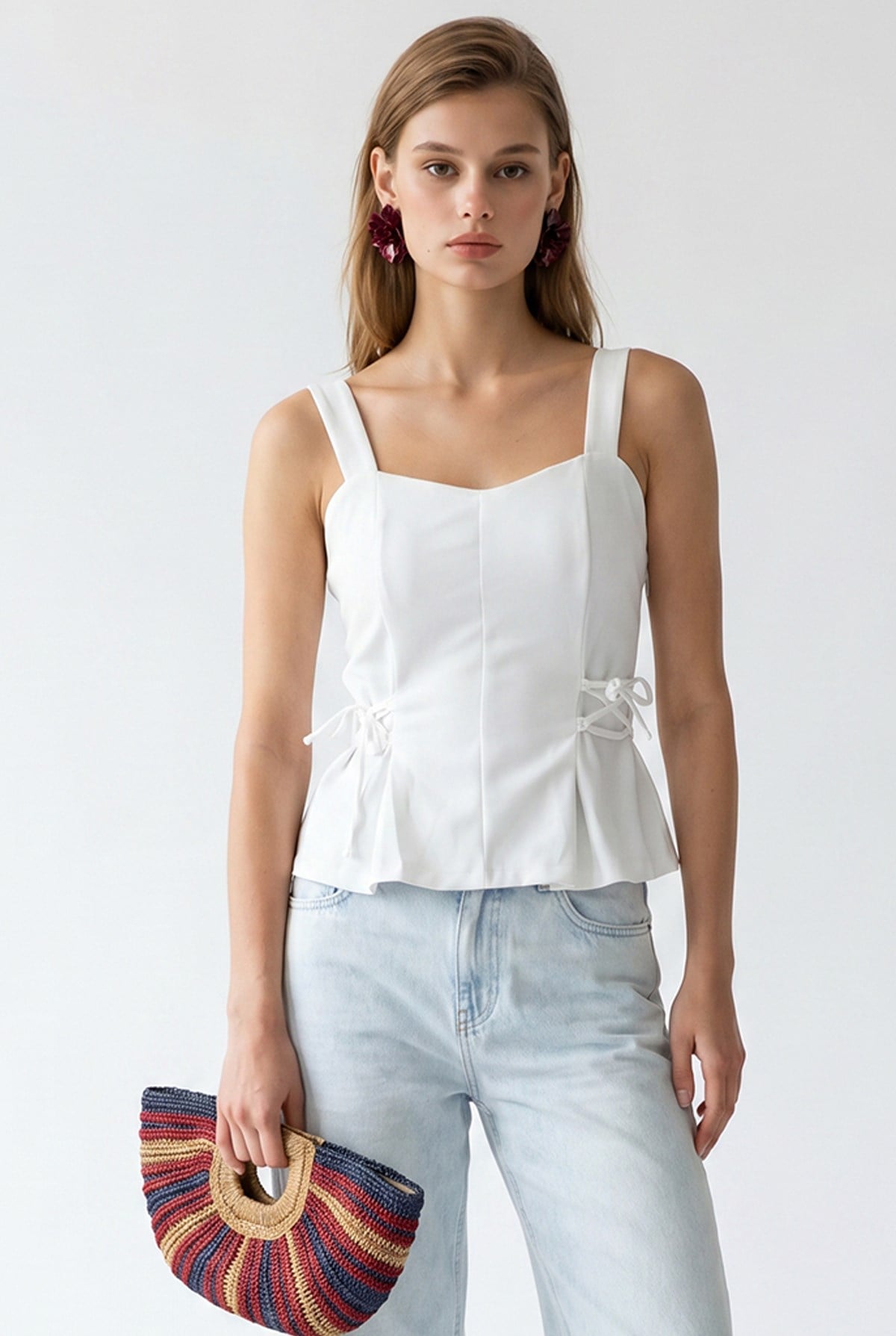 2153 Kadın Çapraz Bağcıklı Askılı Peplum Bluz Beyaz