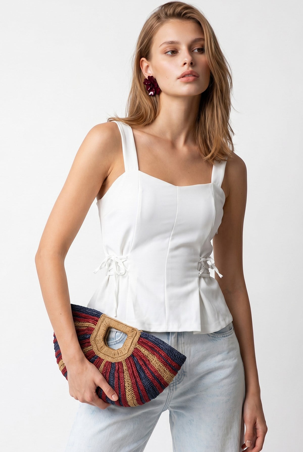 2153 Kadın Çapraz Bağcıklı Askılı Peplum Bluz Beyaz