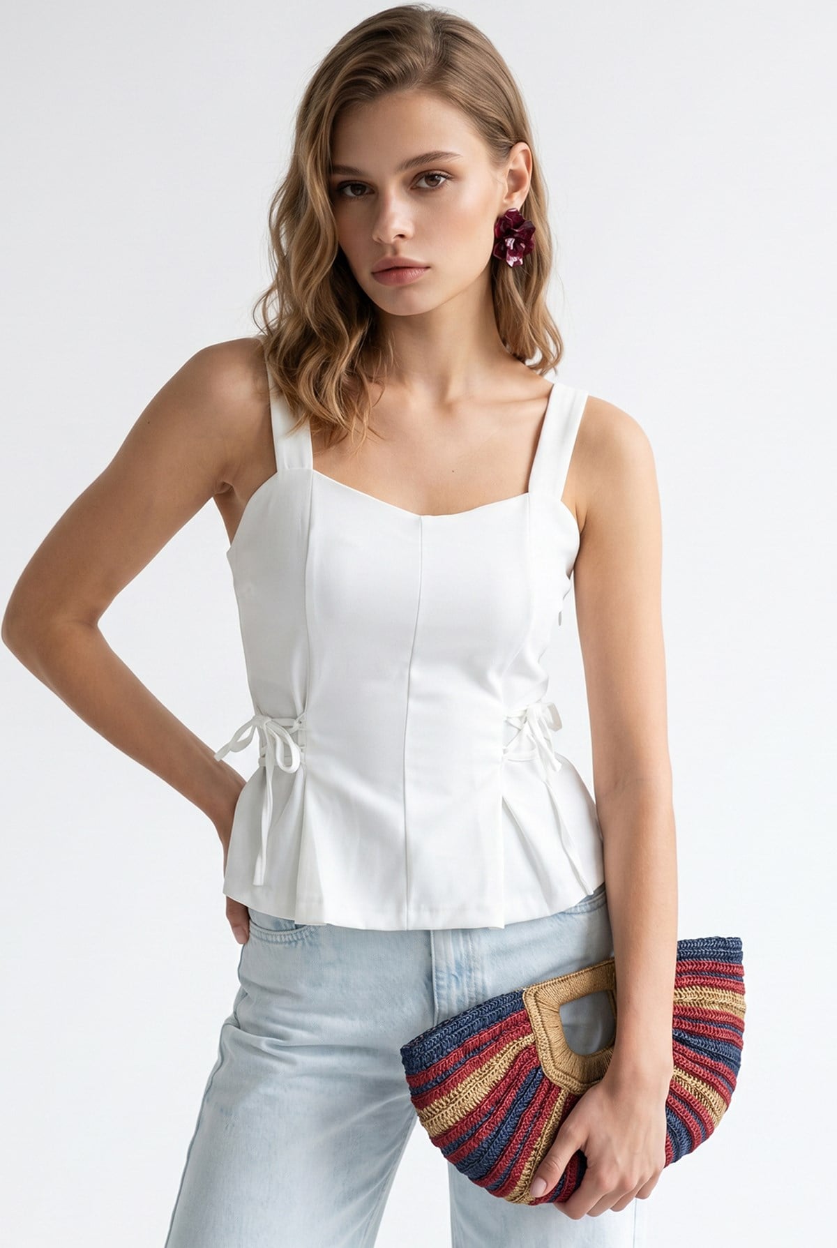 2153 Kadın Çapraz Bağcıklı Askılı Peplum Bluz Beyaz