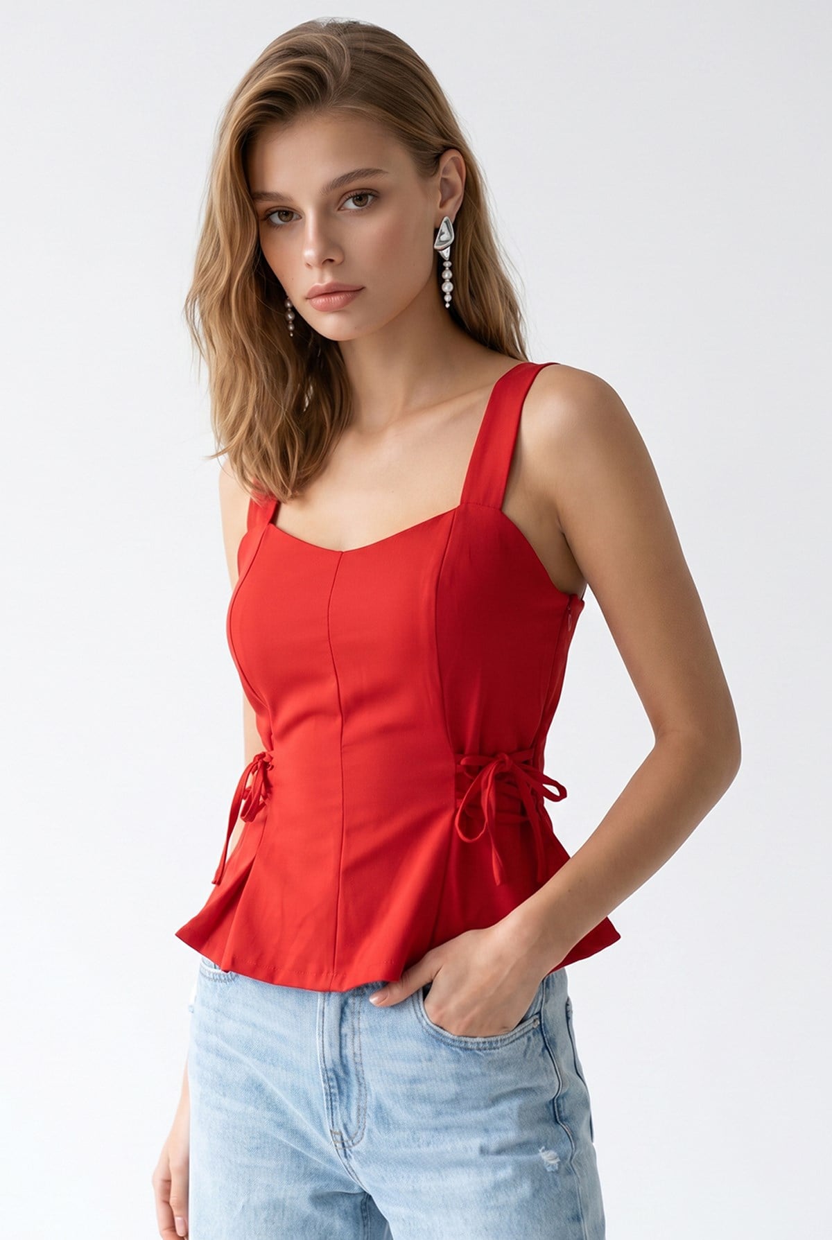 2153 Kadın Çapraz Bağcıklı Askılı Peplum Bluz Kırmızı