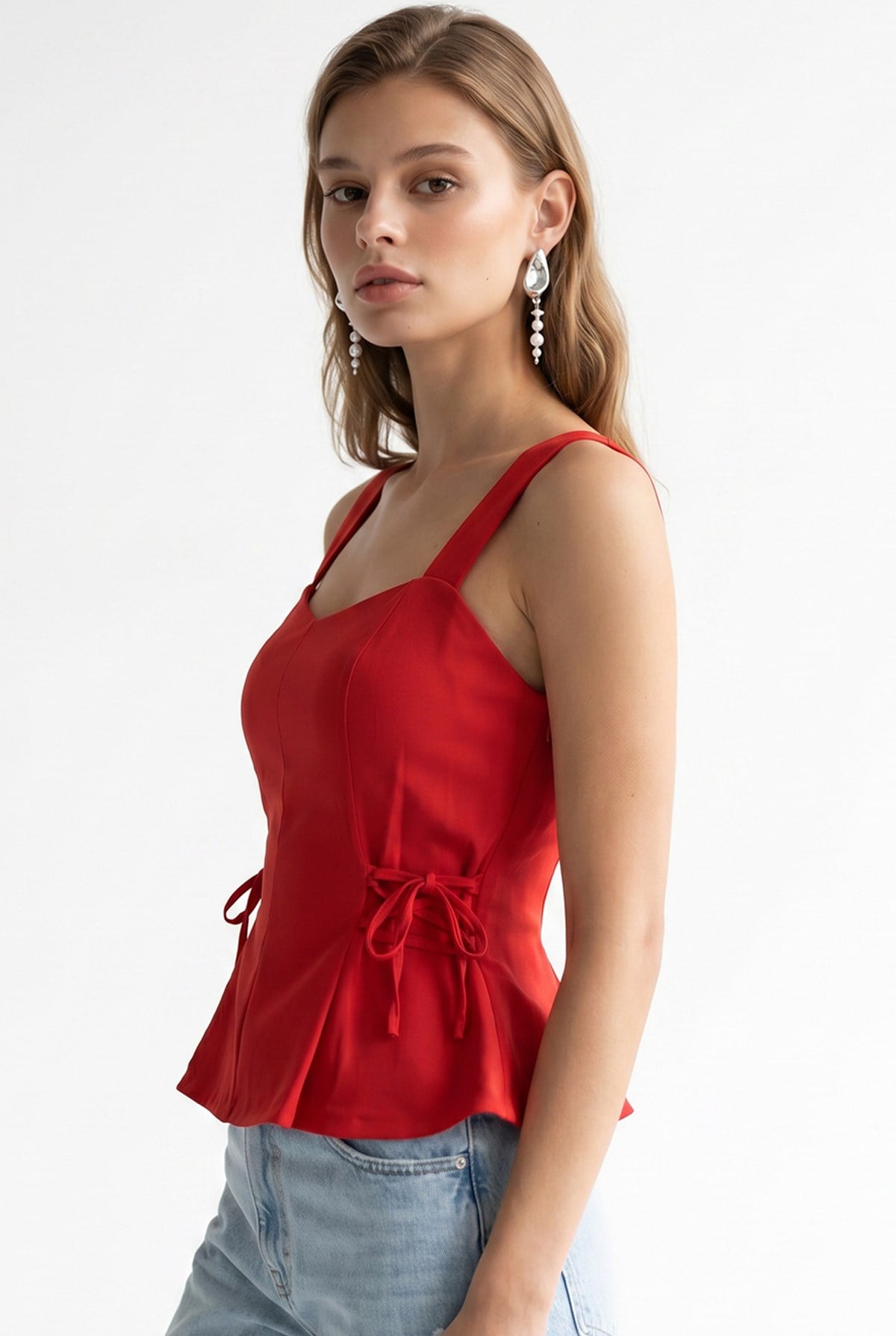 2153 Kadın Çapraz Bağcıklı Askılı Peplum Bluz Kırmızı