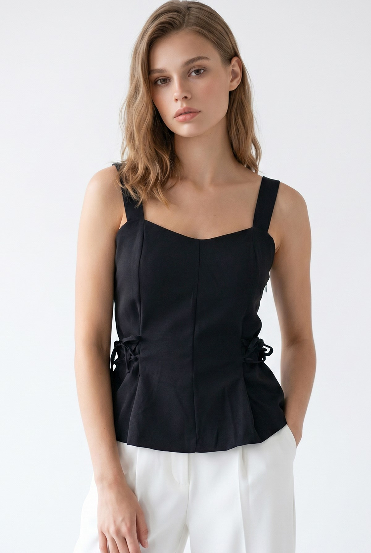 2153 Kadın Çapraz Bağcıklı Askılı Peplum Bluz Siyah