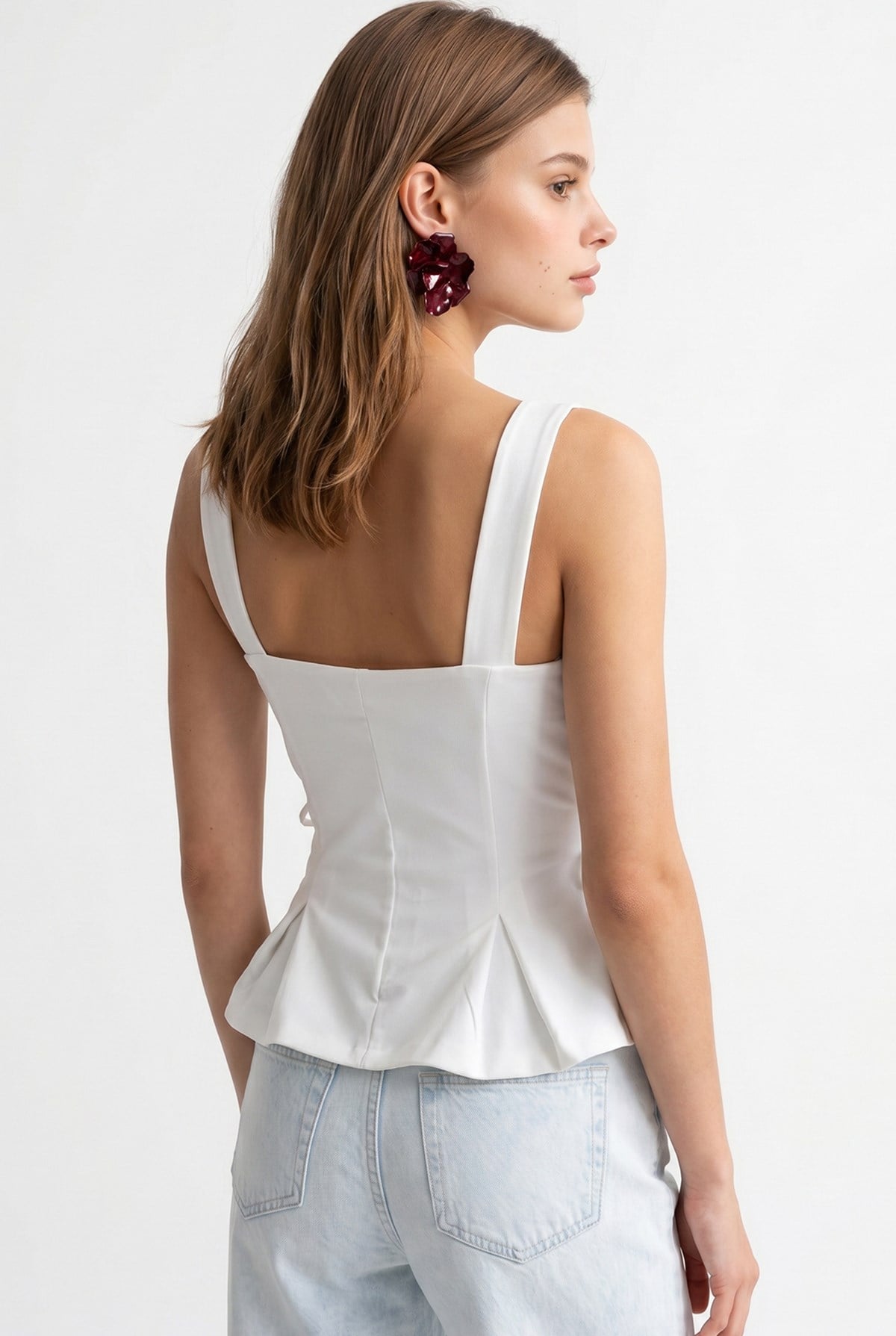 2153 Kadın Çapraz Bağcıklı Askılı Peplum Bluz Beyaz