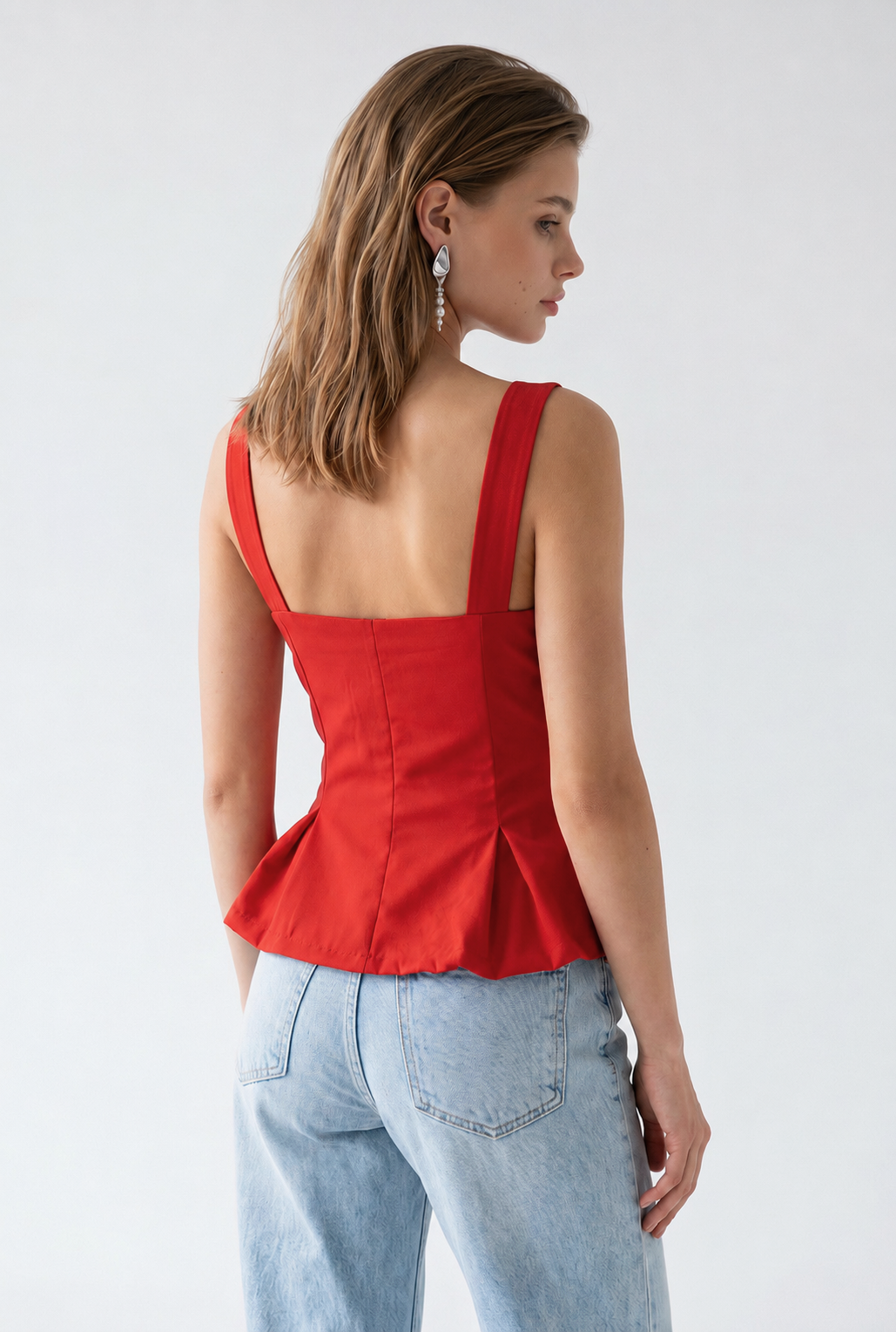 2153 Kadın Çapraz Bağcıklı Askılı Peplum Bluz Kırmızı