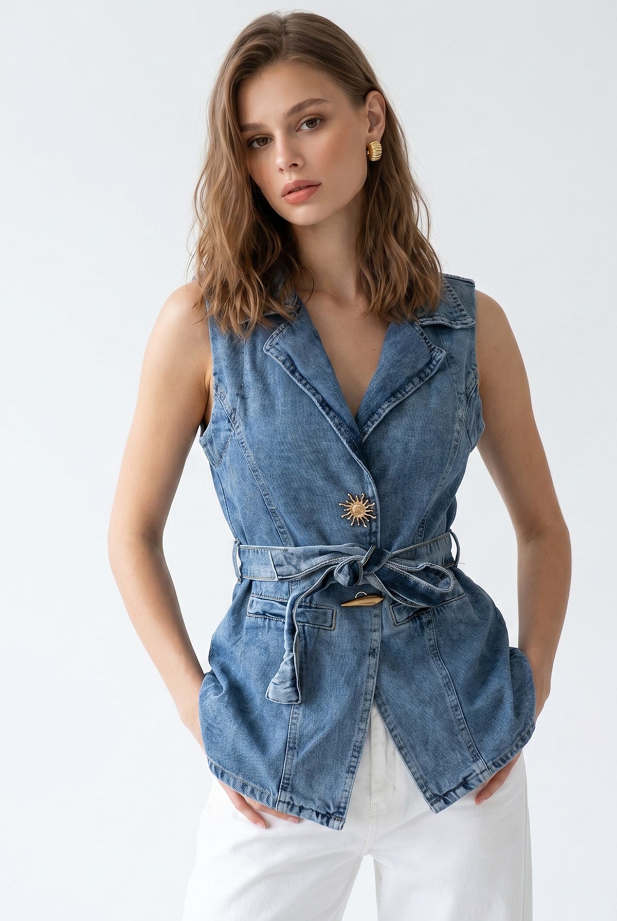 2156 Kadın Kuşaklı Kruvaze Yaka Denim Yelek Mavi