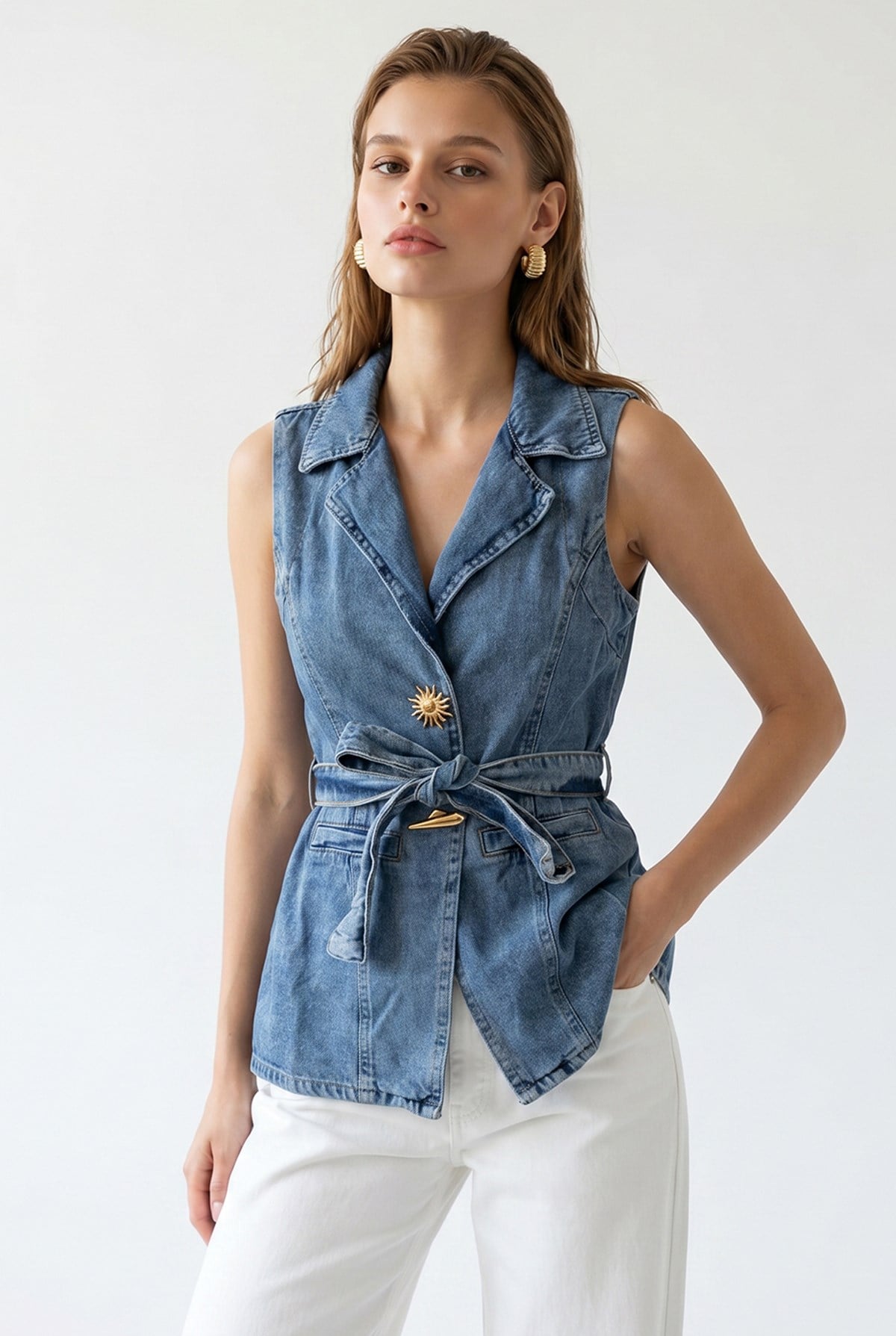 2156 Kadın Kuşaklı Kruvaze Yaka Denim Yelek Mavi