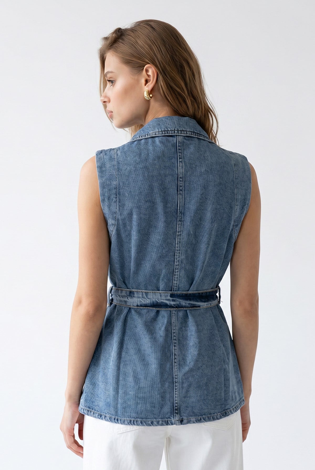 2156 Kadın Kuşaklı Kruvaze Yaka Denim Yelek Mavi