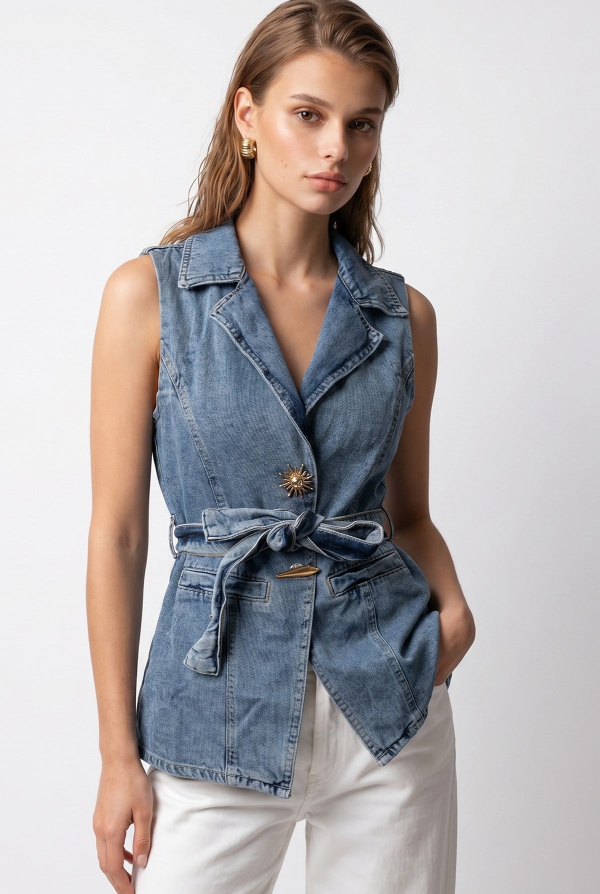2156 Kadın Kuşaklı Kruvaze Yaka Denim Yelek Mavi