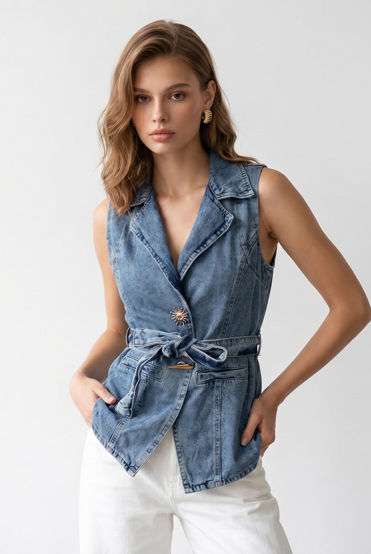 2156 Kadın Kuşaklı Kruvaze Yaka Denim Yelek Mavi
