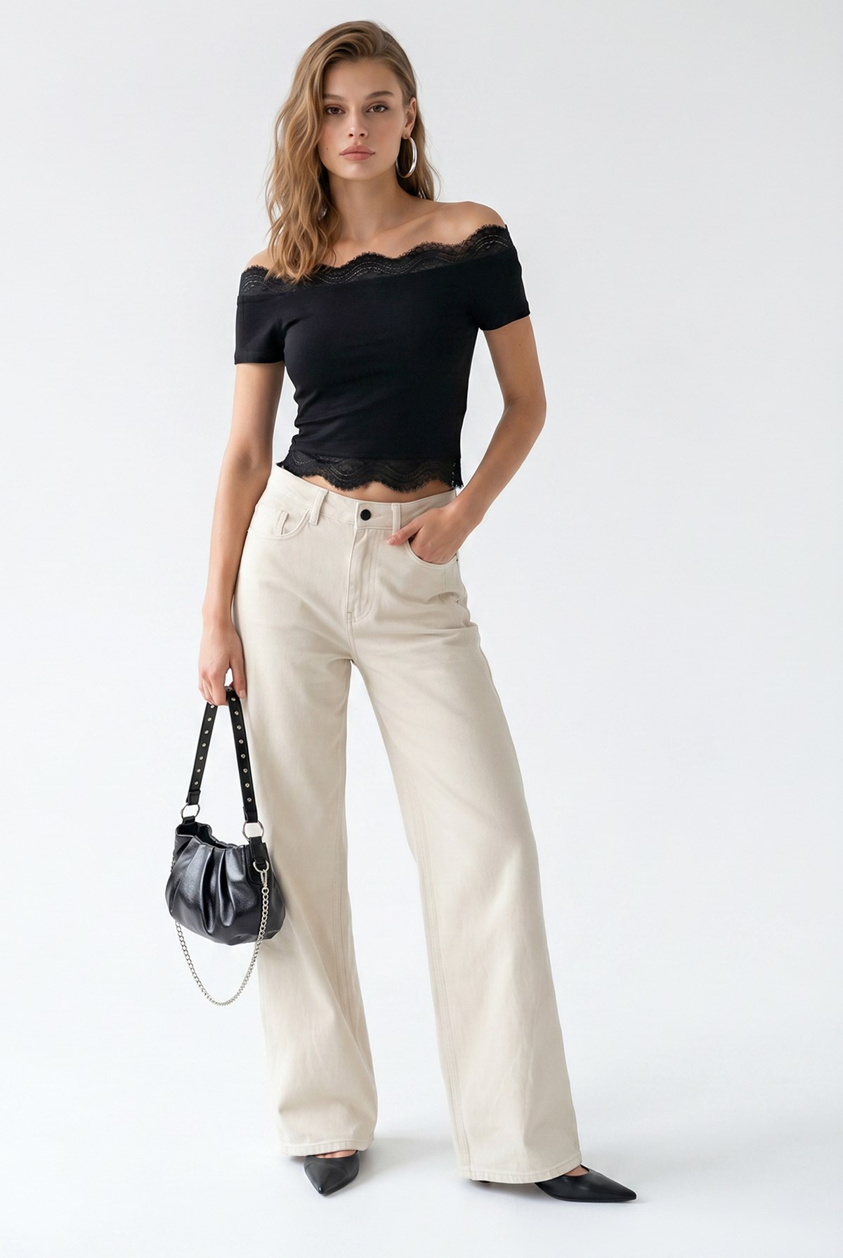 2160 Kadın Madonna Yaka Dantel Detaylı Crop Bluz Siyah