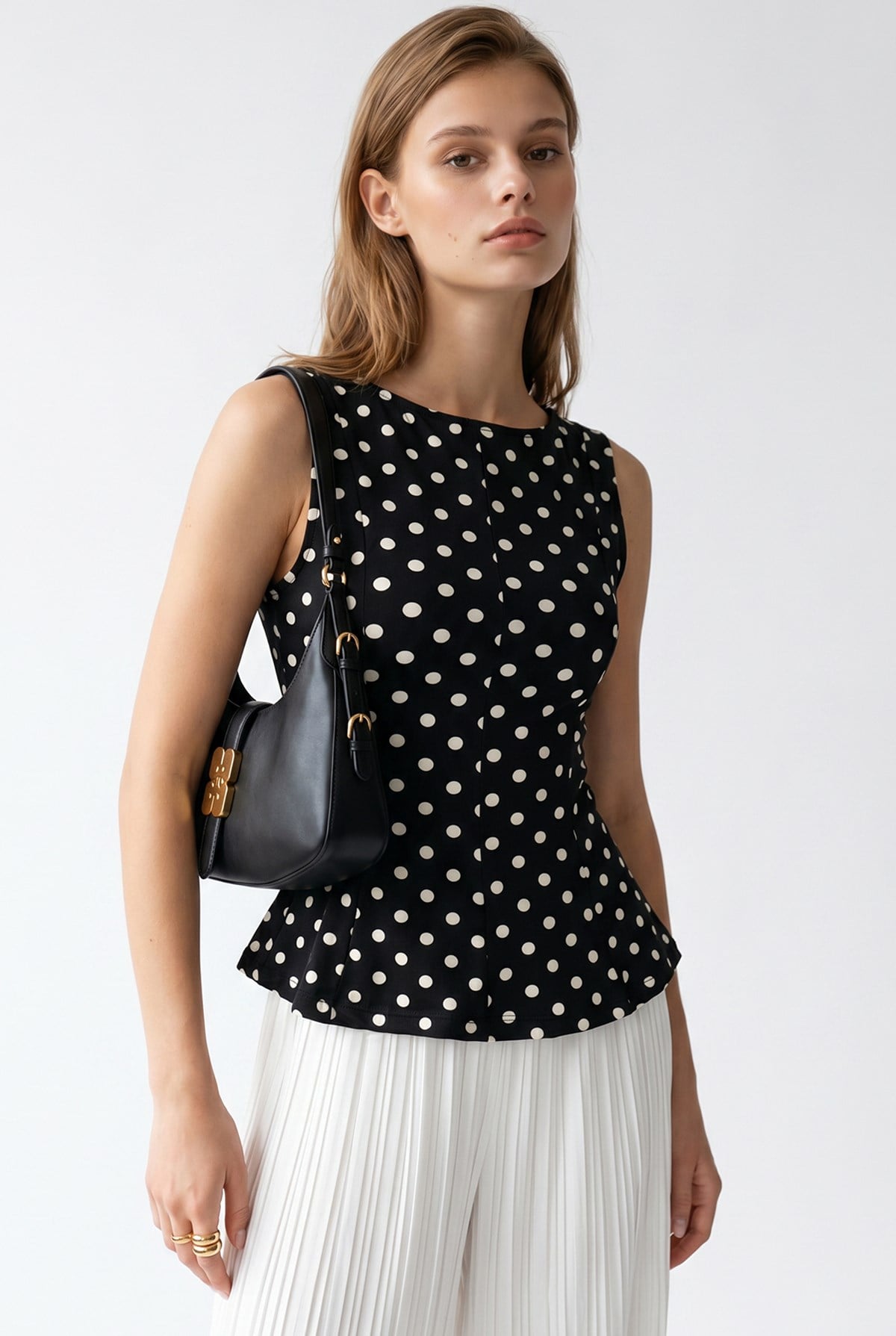 2161 Kadın Puantiye Desenli Peplum Kolsuz Bluz Siyah