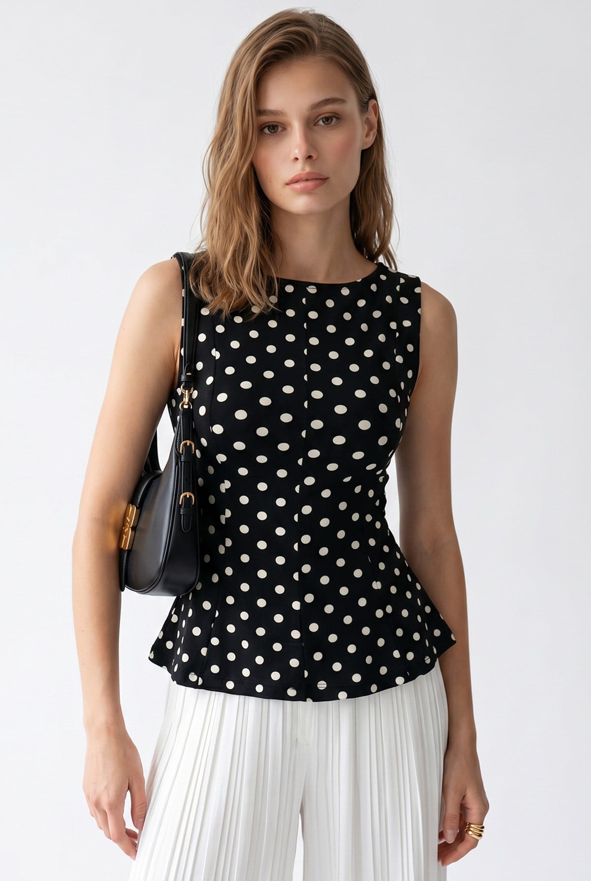 2161 Kadın Puantiye Desenli Peplum Kolsuz Bluz Siyah