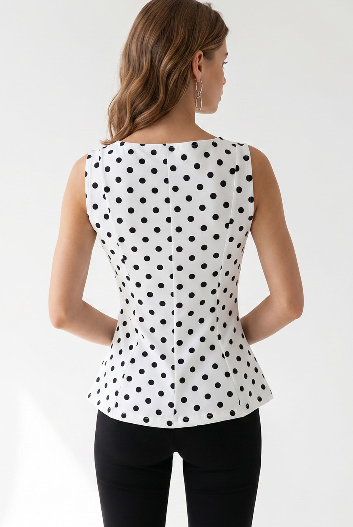2161 Kadın Puantiye Desenli Peplum Kolsuz Bluz Beyaz