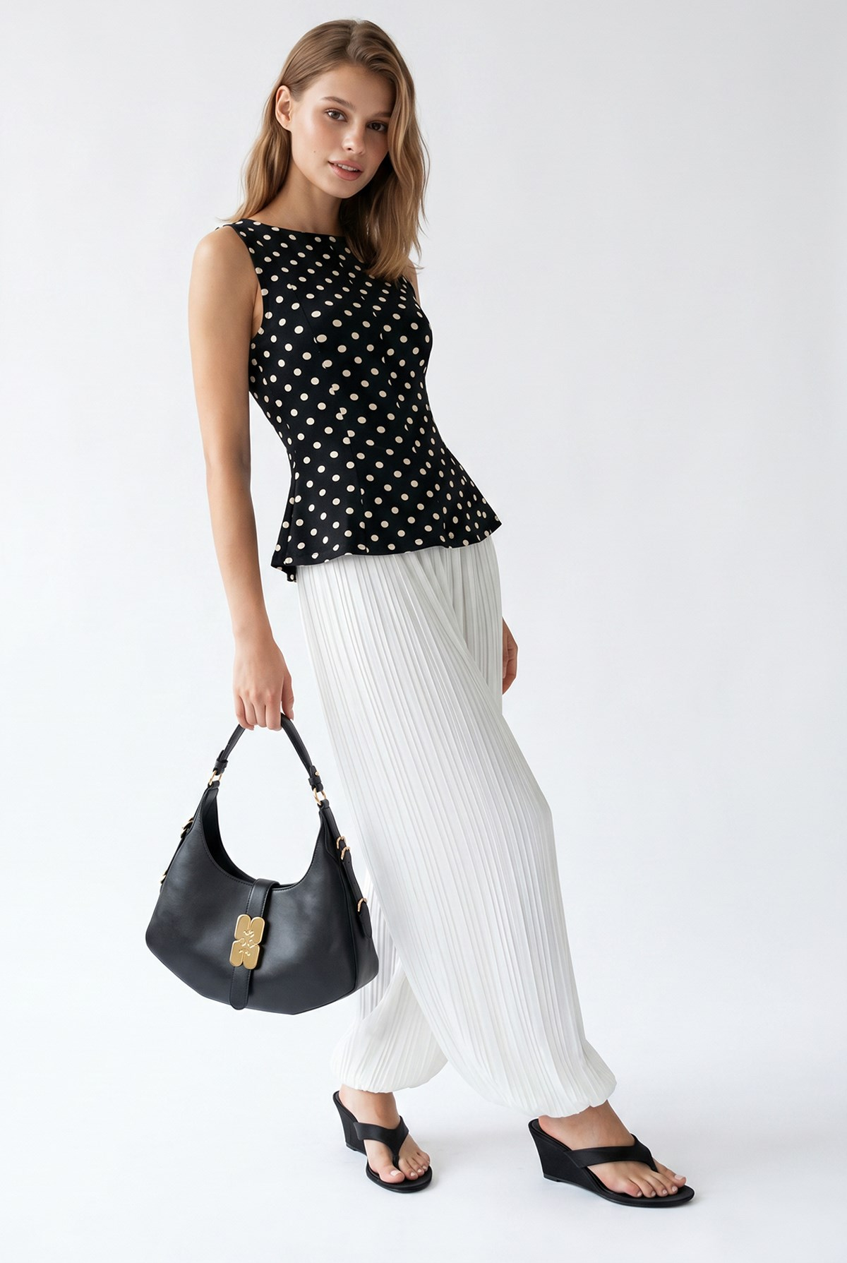 2161 Kadın Puantiye Desenli Peplum Kolsuz Bluz Siyah