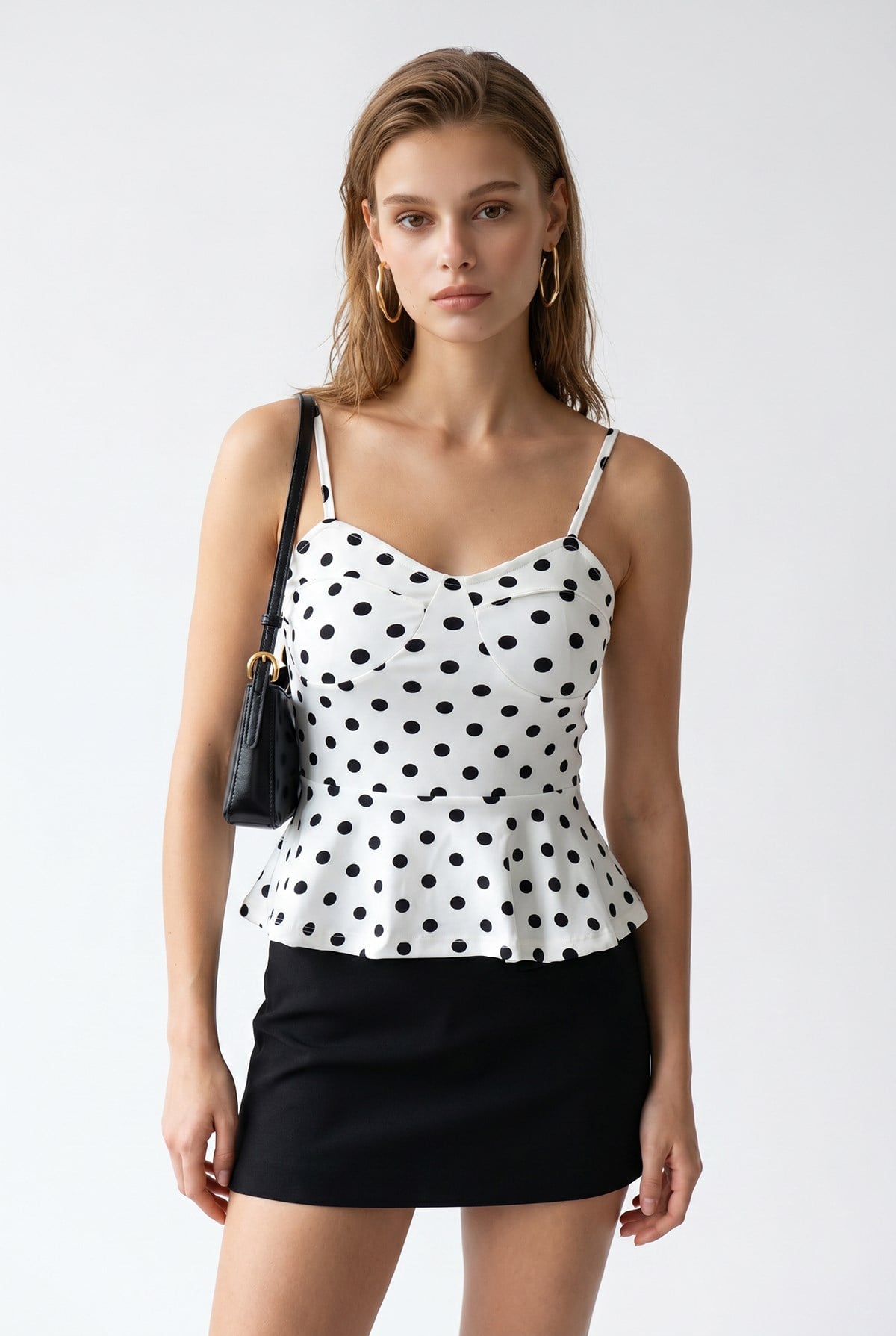 2163 Kadın Puantiye Desenli Askılı Peplum Bluz Beyaz