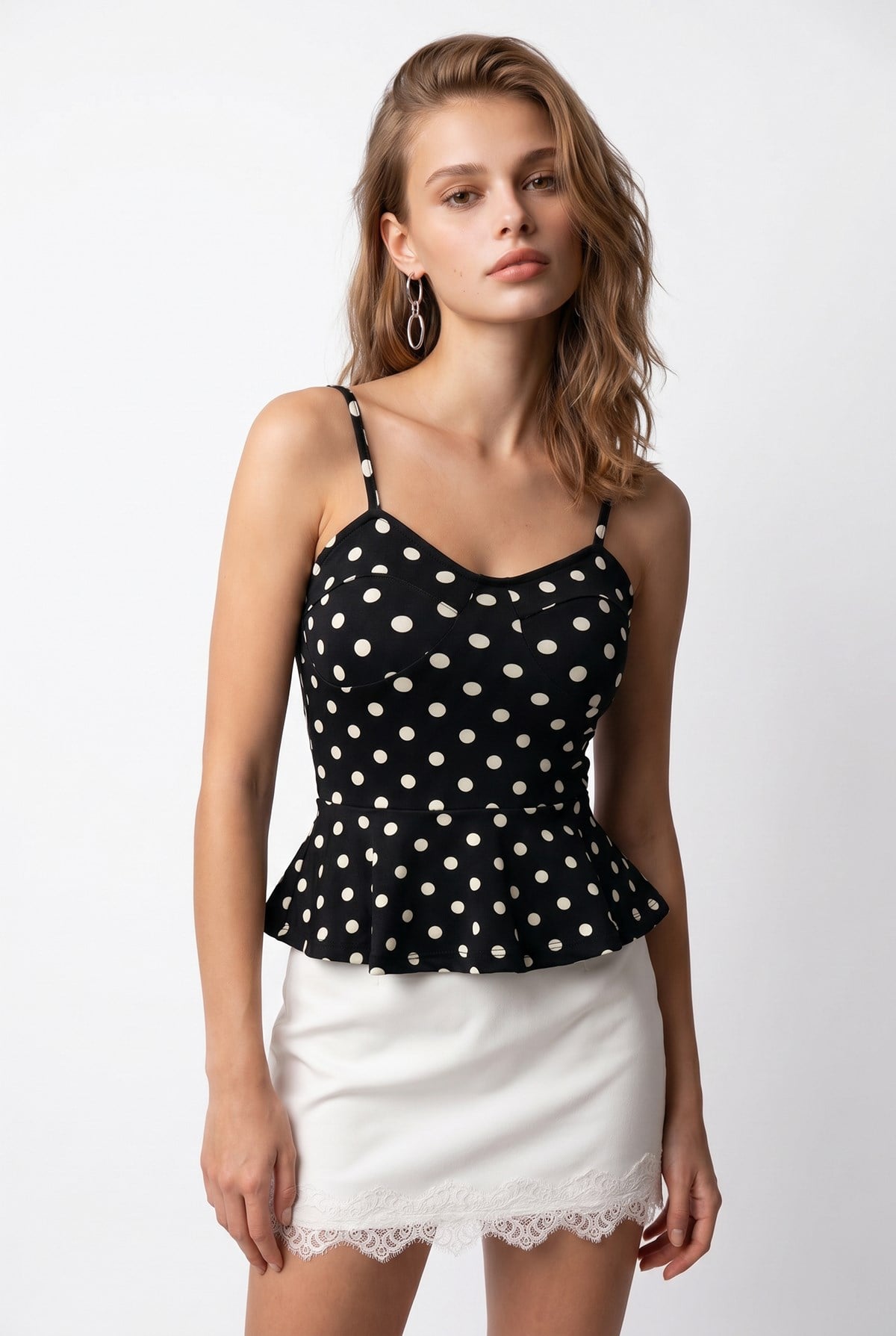 2163 Kadın Puantiye Desenli Askılı Peplum Bluz Siyah