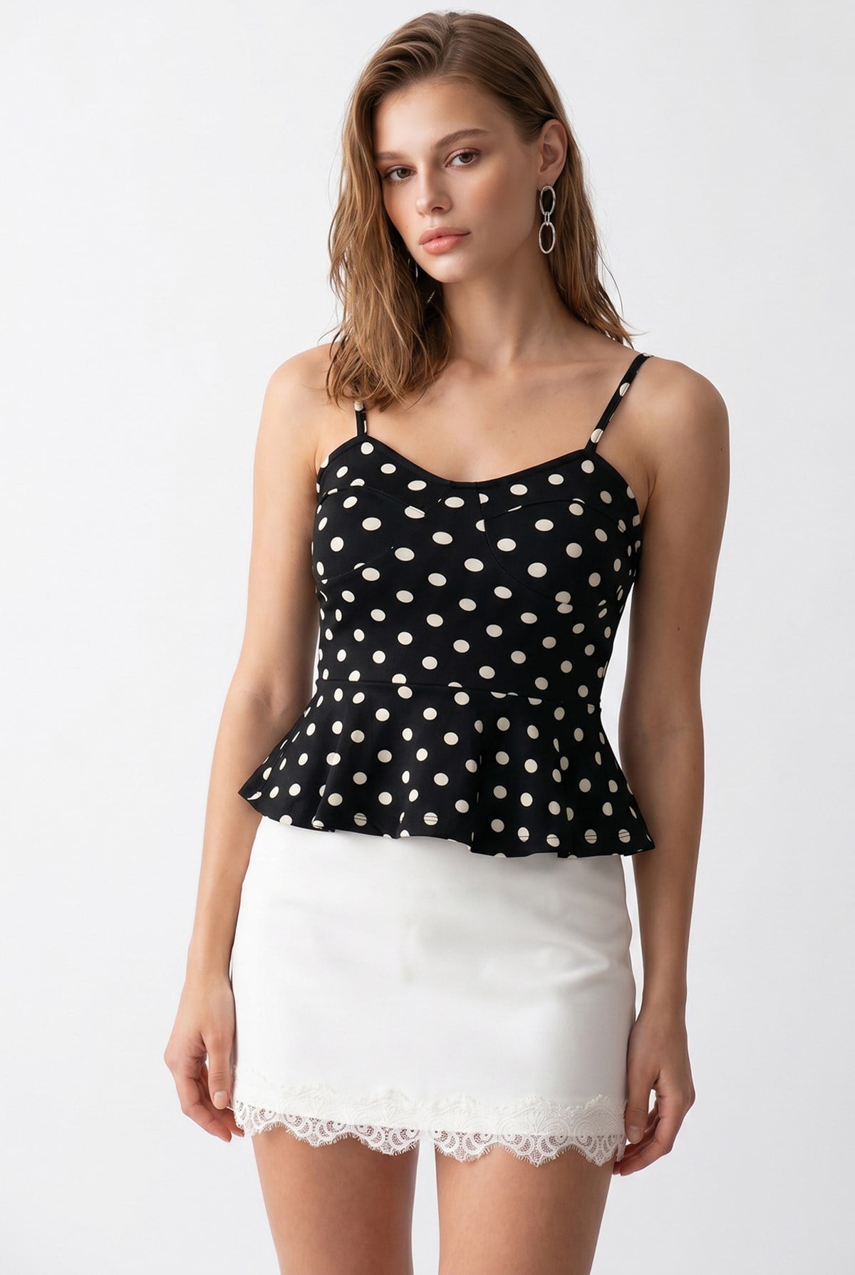 2163 Kadın Puantiye Desenli Askılı Peplum Bluz Siyah