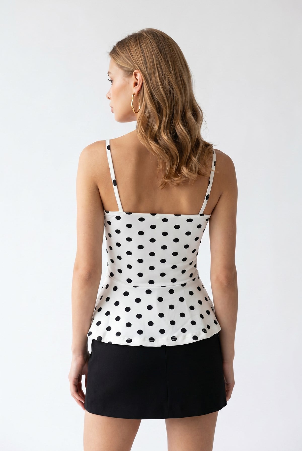 2163 Kadın Puantiye Desenli Askılı Peplum Bluz Beyaz