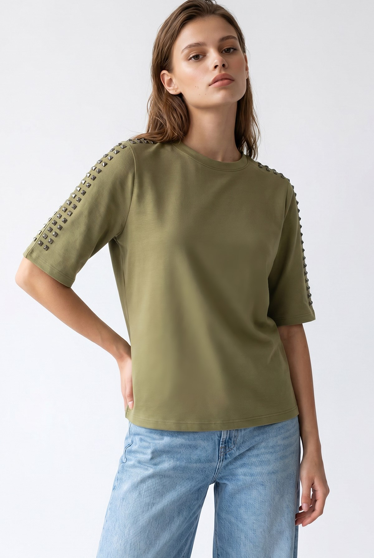2166 Kadın Taş Detaylı Bisiklet Yaka Kısa Kol Bluz Olive