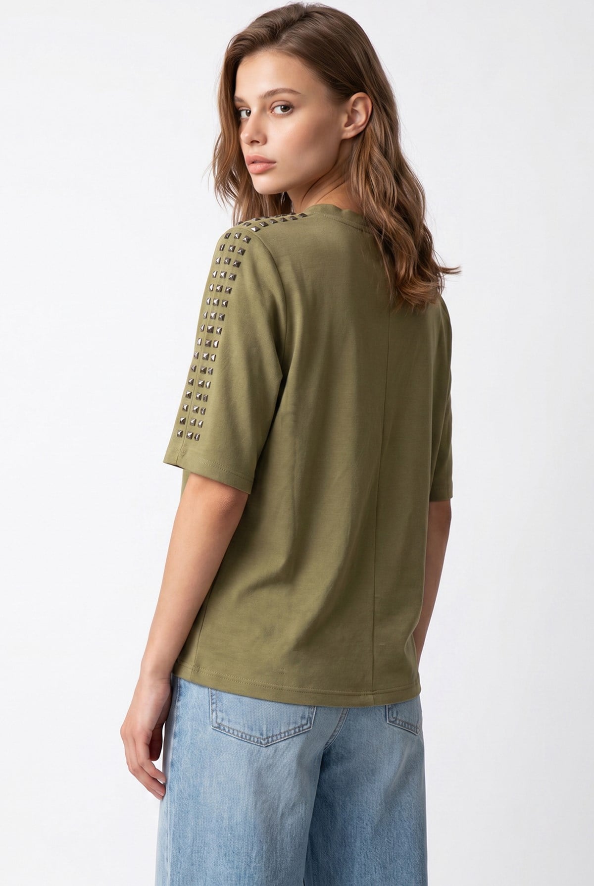 2166 Kadın Taş Detaylı Bisiklet Yaka Kısa Kol Bluz Olive