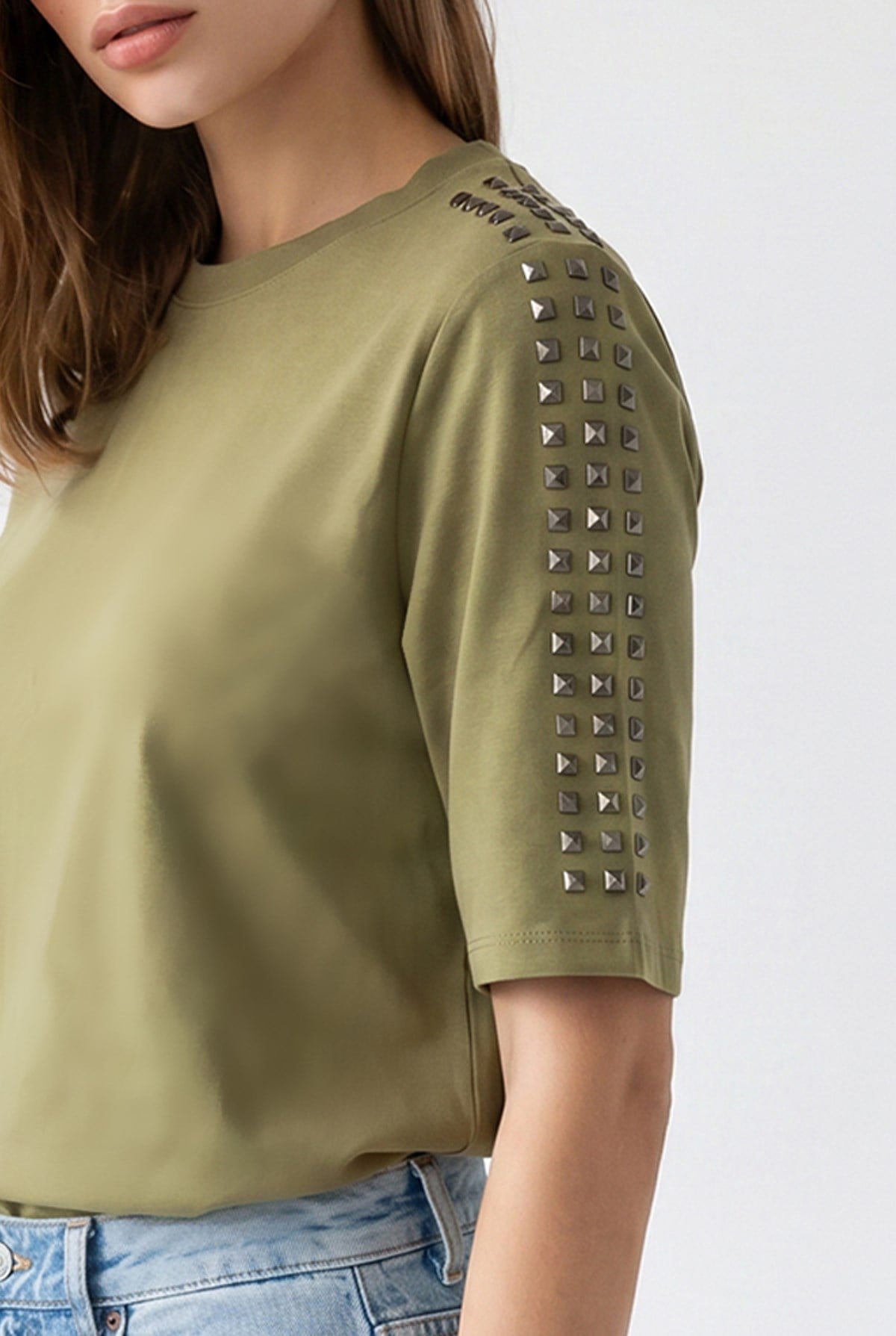 2166 Kadın Taş Detaylı Bisiklet Yaka Kısa Kol Bluz Olive