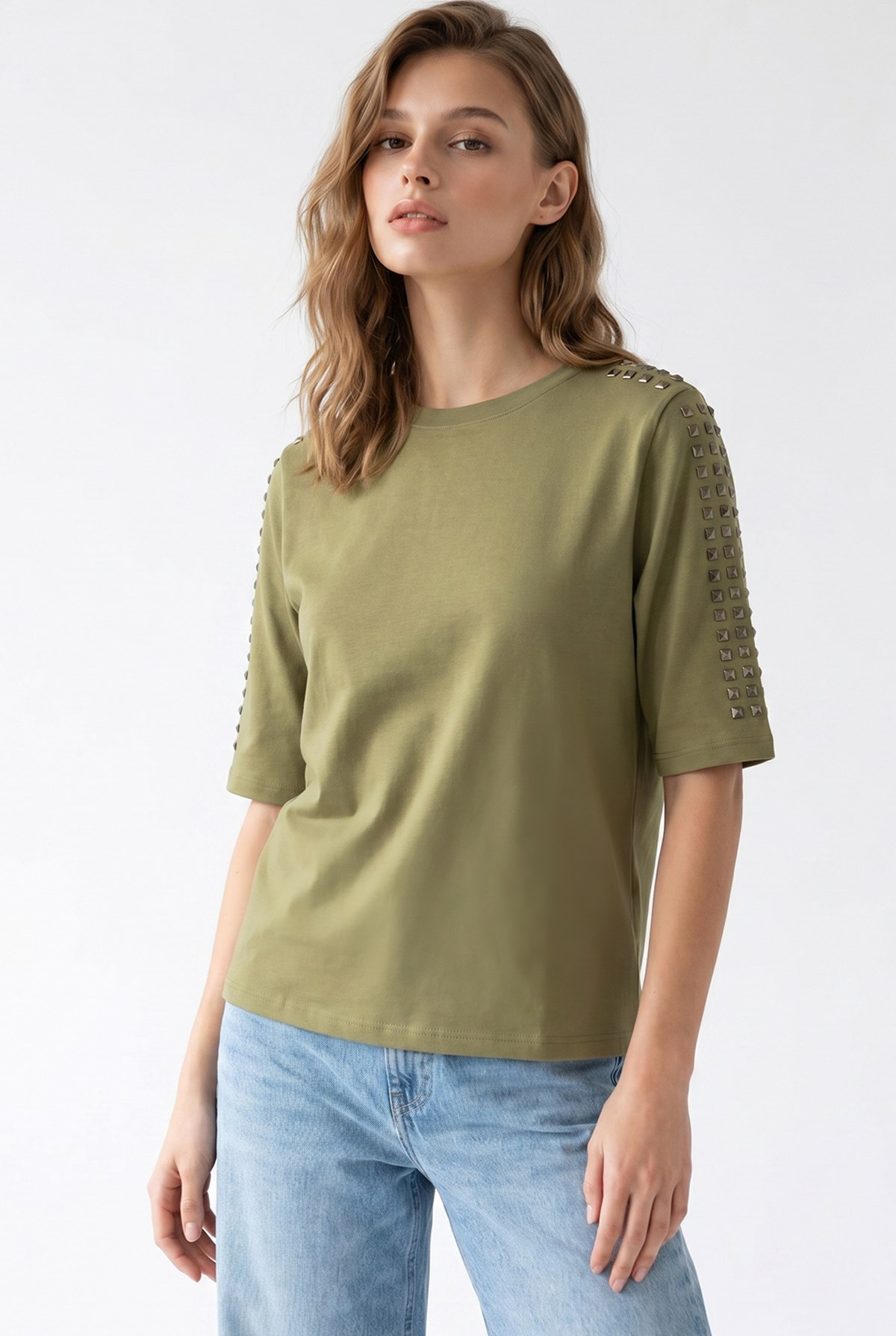 2166 Kadın Taş Detaylı Bisiklet Yaka Kısa Kol Bluz Olive