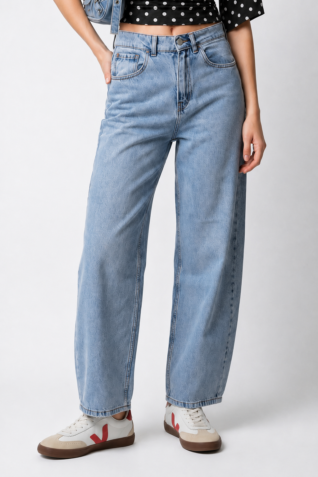 2172 Kadın Yüksek Bel Geniş Paça Barrel Denim Pantolon Mavi