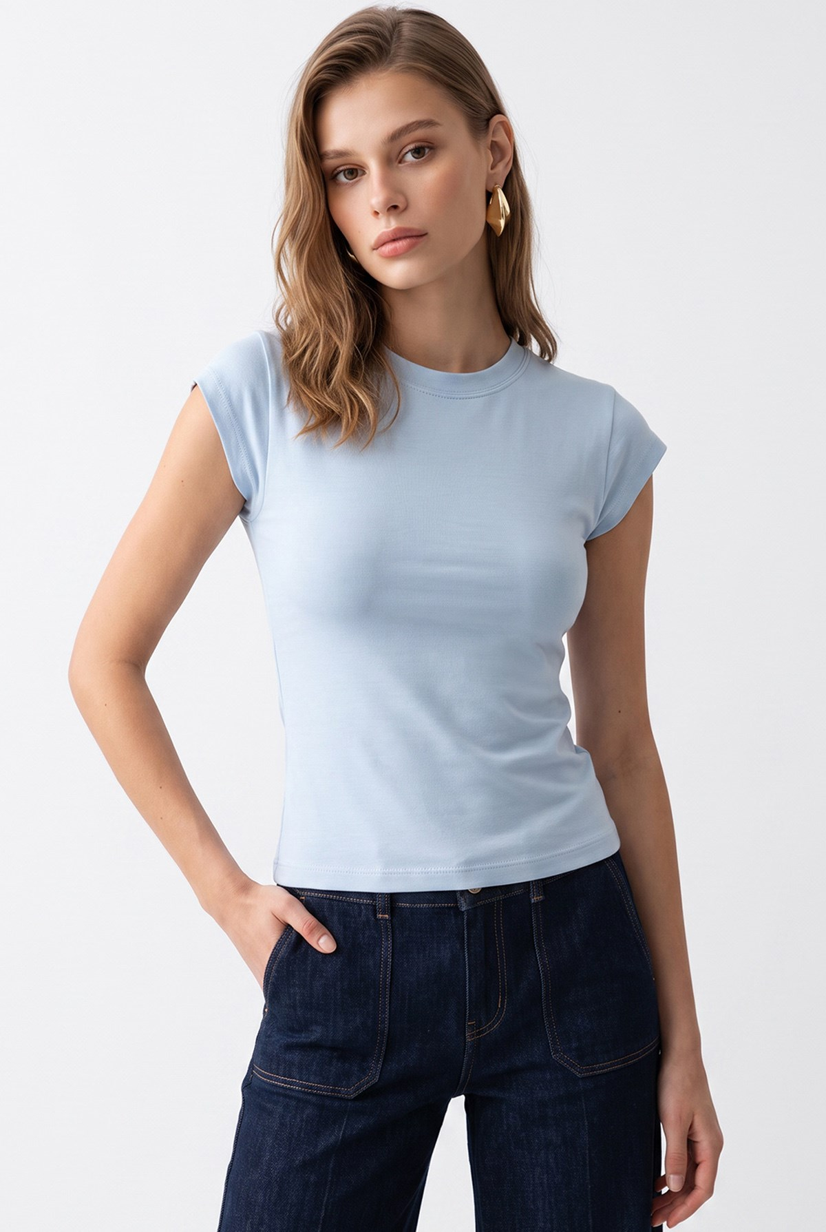 2192 Kadın Bisiklet Yaka Kap Kollu Basic Bluz Bebe Mavi