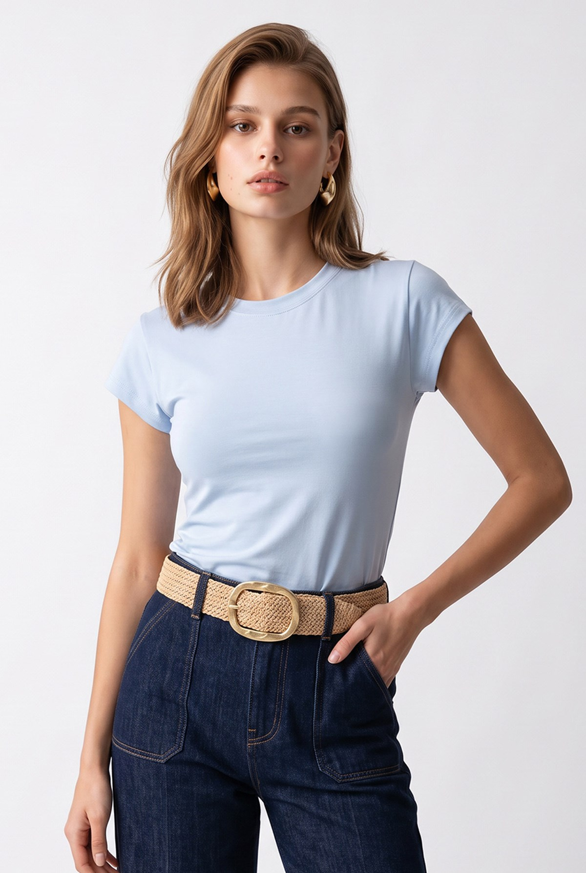2192 Kadın Bisiklet Yaka Kap Kollu Basic Bluz Bebe Mavi