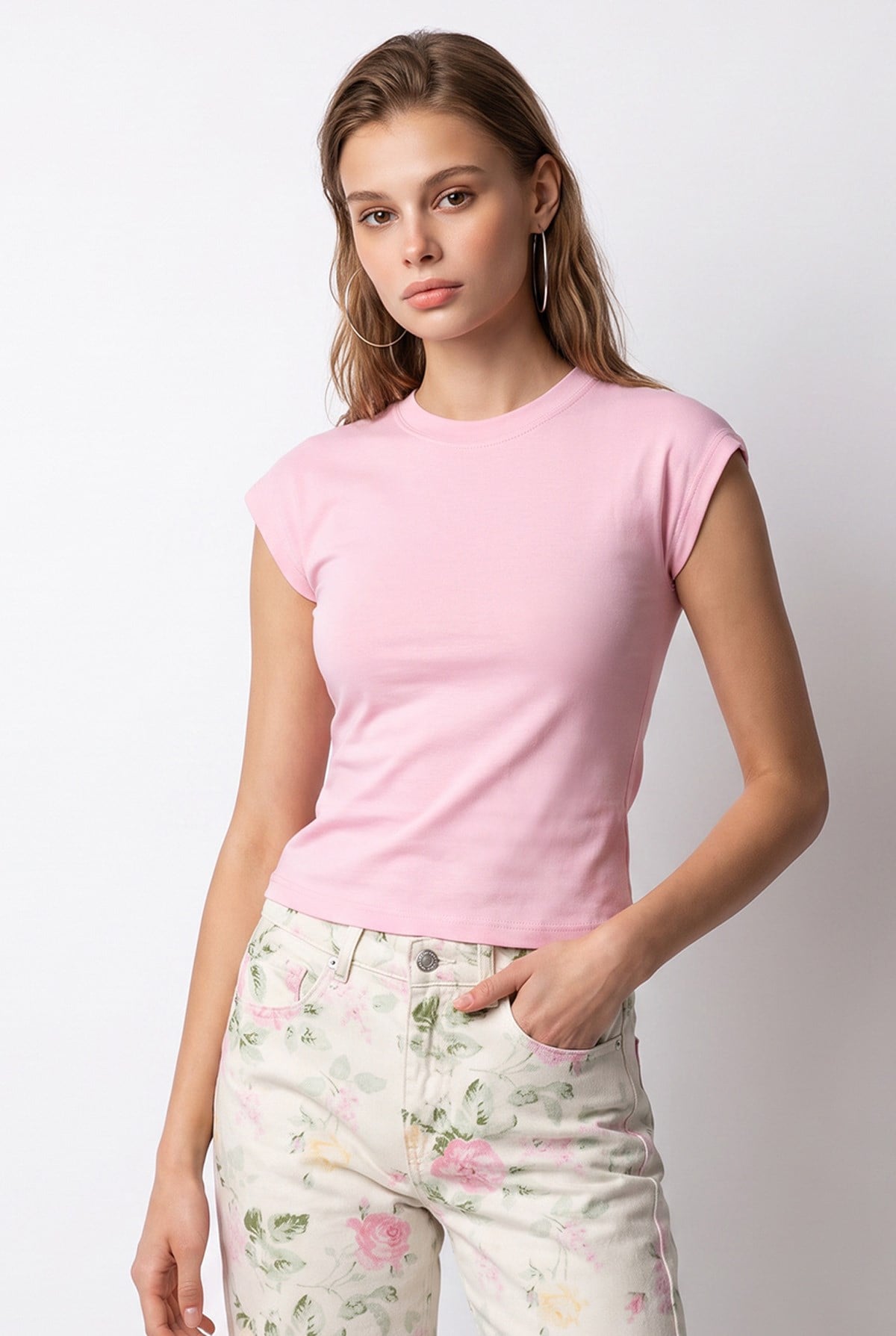 2192 Kadın Bisiklet Yaka Kap Kollu Basic Bluz Pembe