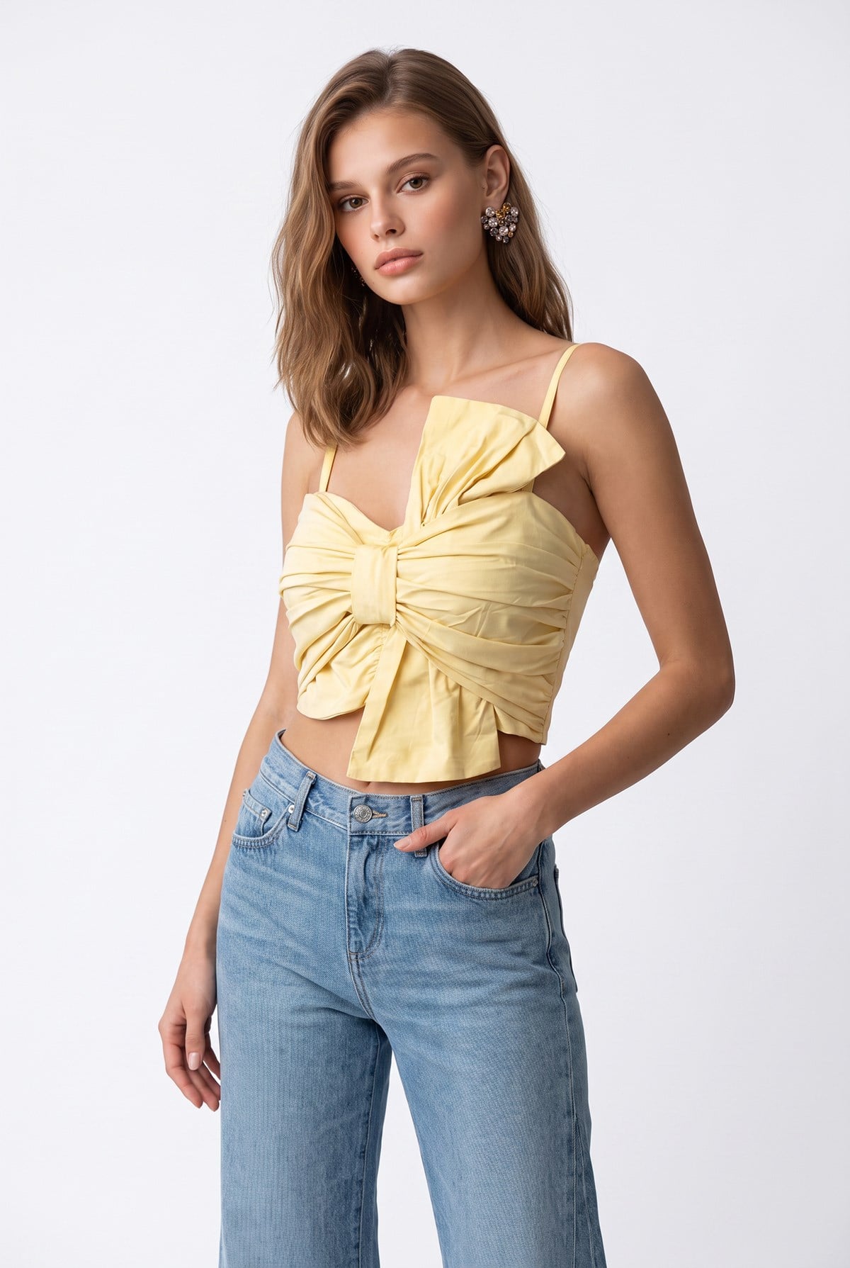 2197 Kadın Kurdele Detaylı Drapeli Askılı Crop Bluz Sarı