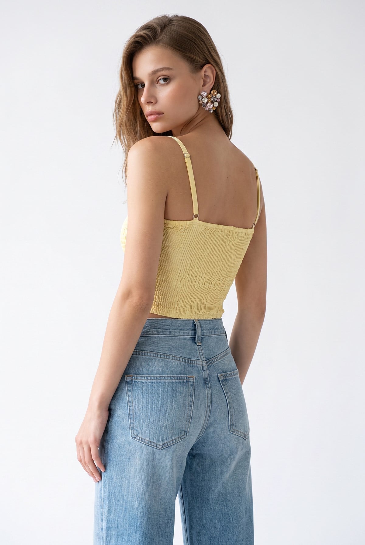 2197 Kadın Kurdele Detaylı Drapeli Askılı Crop Bluz Sarı