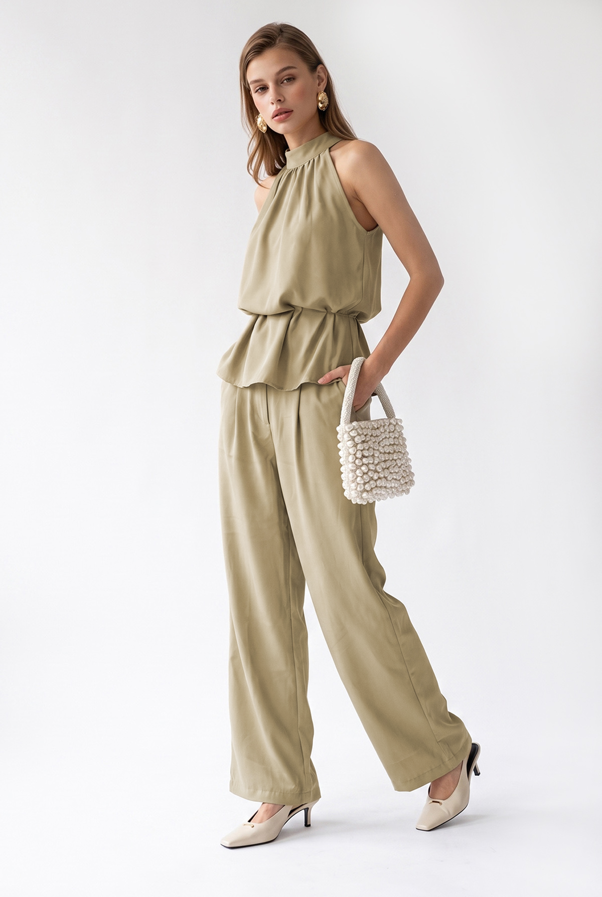 2203 Kadın Halter Yaka Bluz Palazzo Pantolon Takım Olive