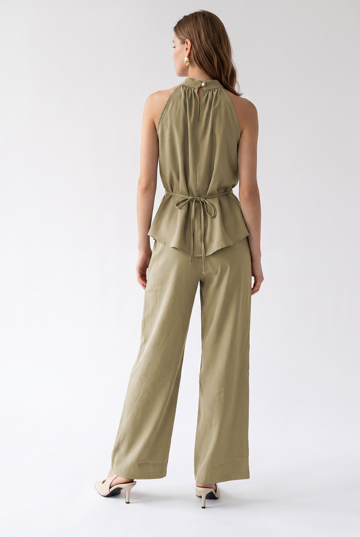 2203 Kadın Halter Yaka Bluz Palazzo Pantolon Takım Olive