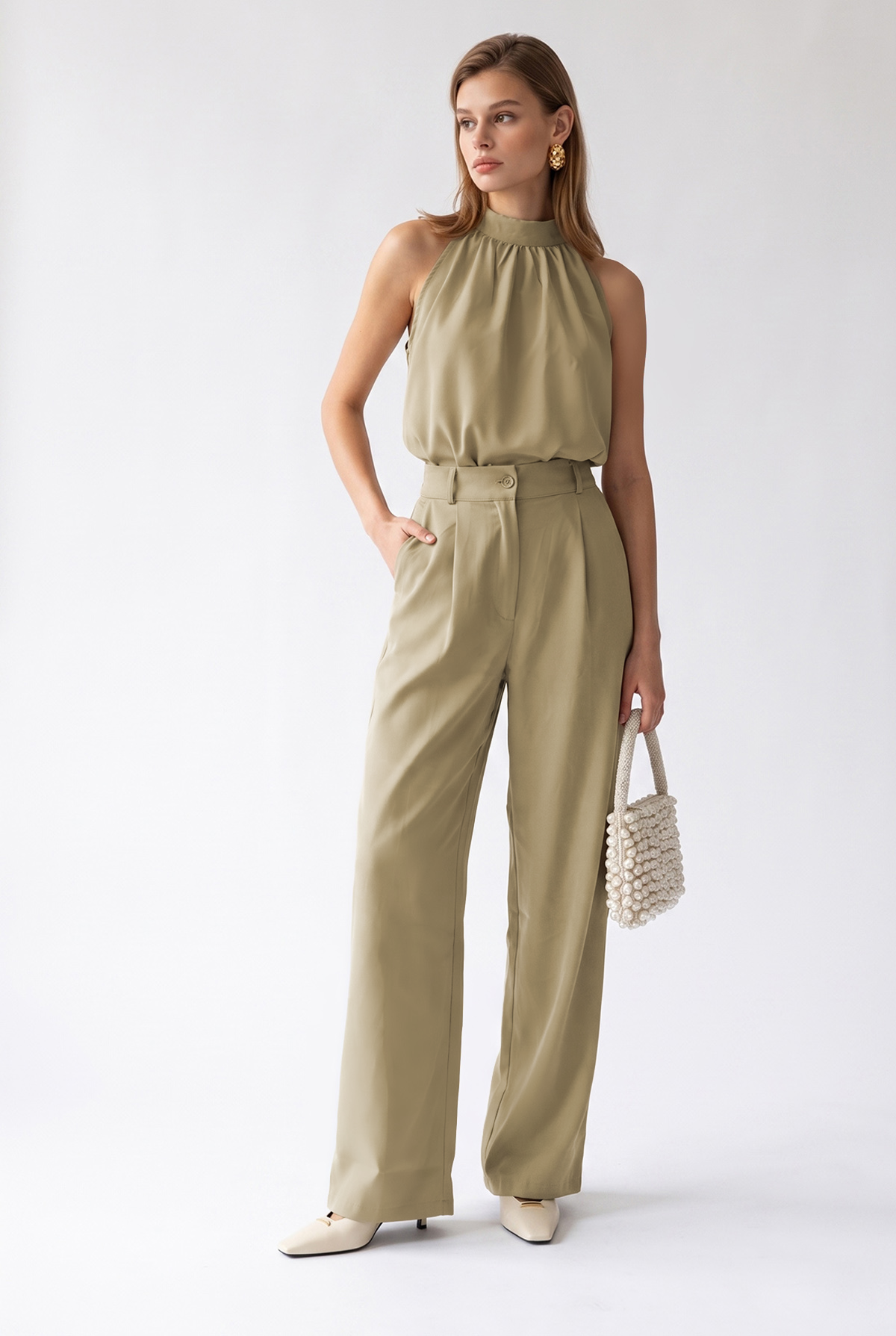 2203 Kadın Halter Yaka Bluz Palazzo Pantolon Takım Olive