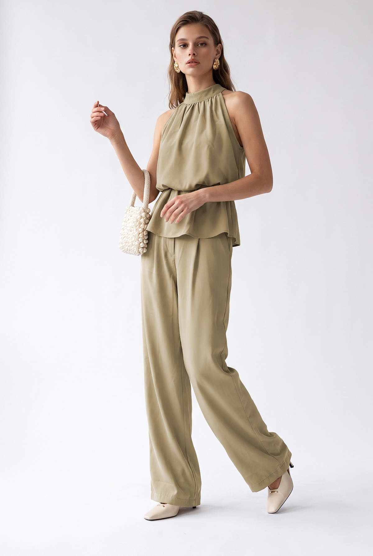 2203 Kadın Halter Yaka Bluz Palazzo Pantolon Takım Olive