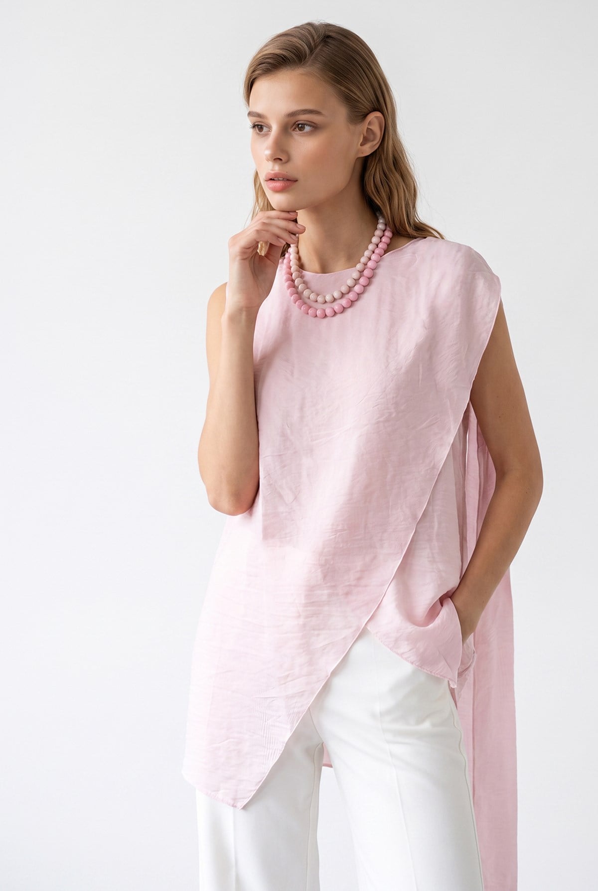 2205 Kadın Transparan Kruvaze Pelerin Bluz Pembe