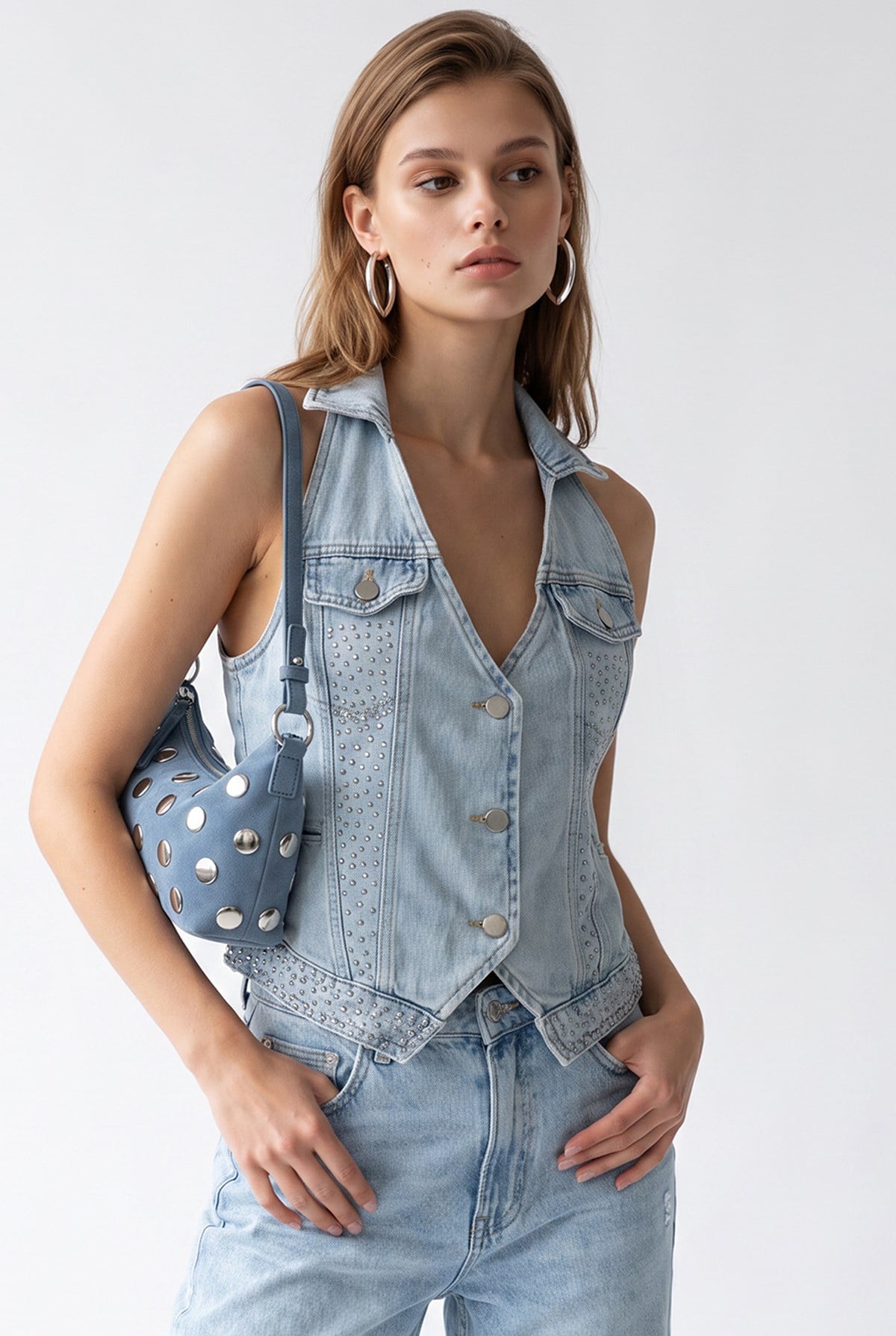 2208 Kadın Taş İşlemeli Sırt Dekolteli Denim Yelek Mavi