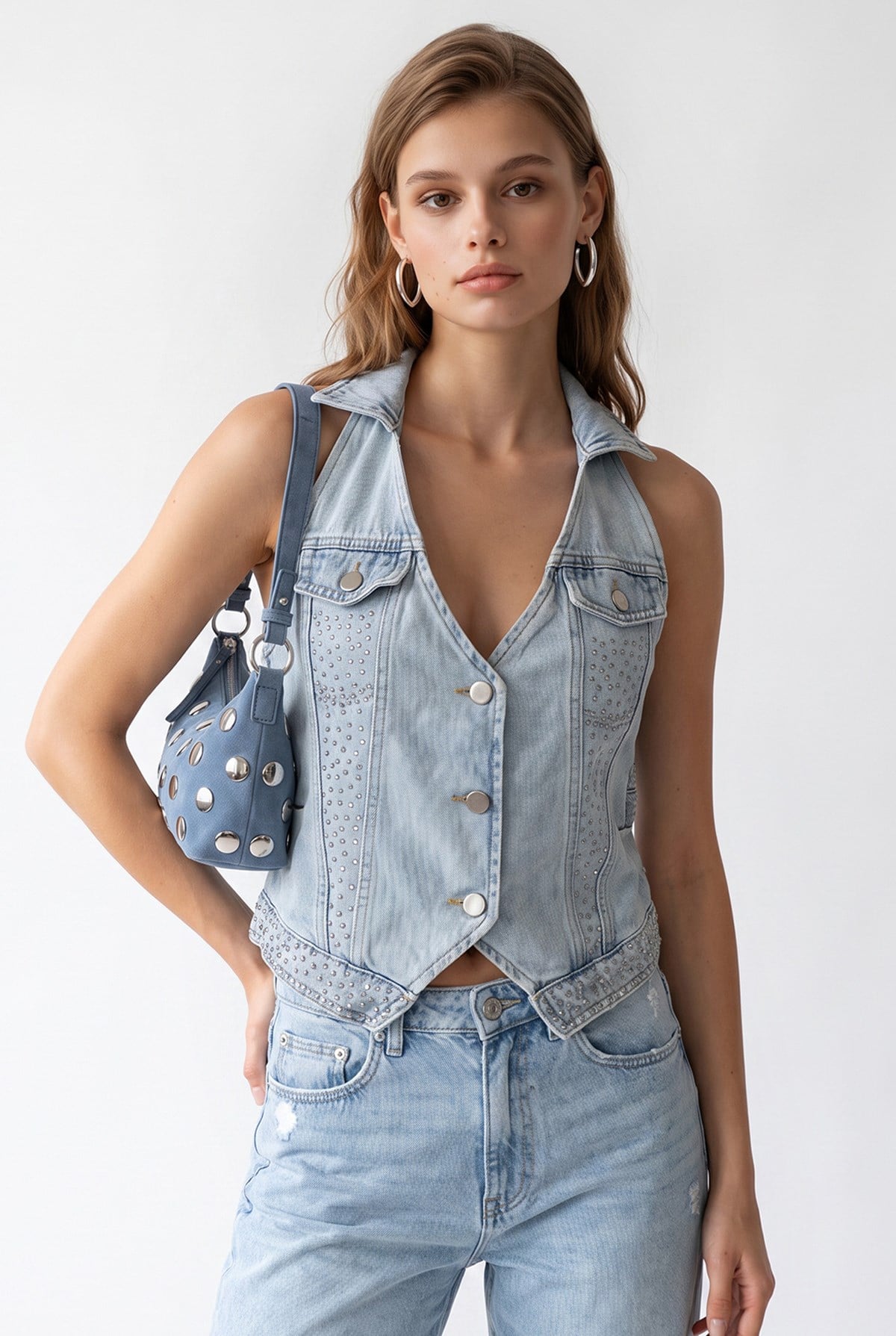 2208 Kadın Taş İşlemeli Sırt Dekolteli Denim Yelek Mavi