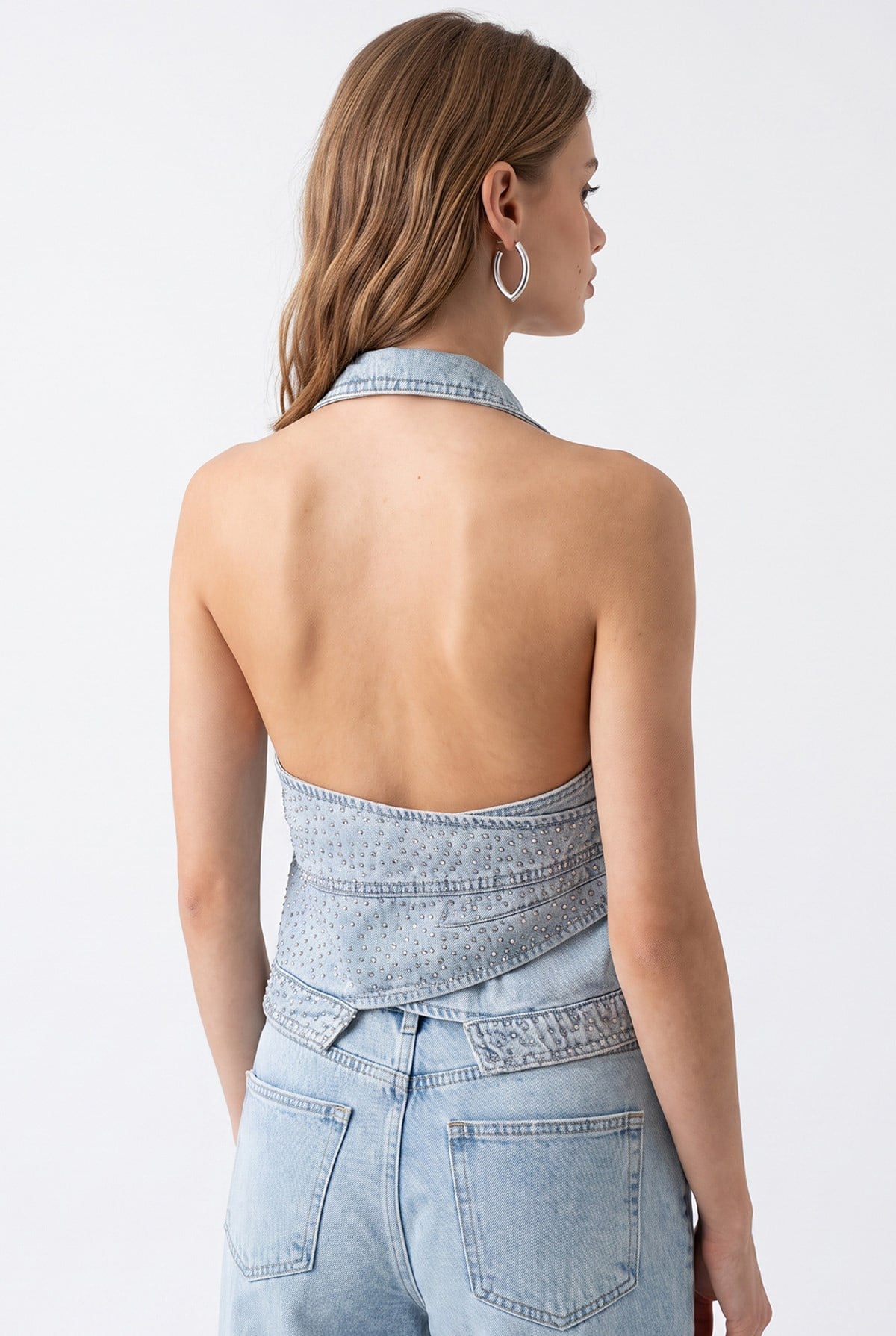 2208 Kadın Taş İşlemeli Sırt Dekolteli Denim Yelek Mavi
