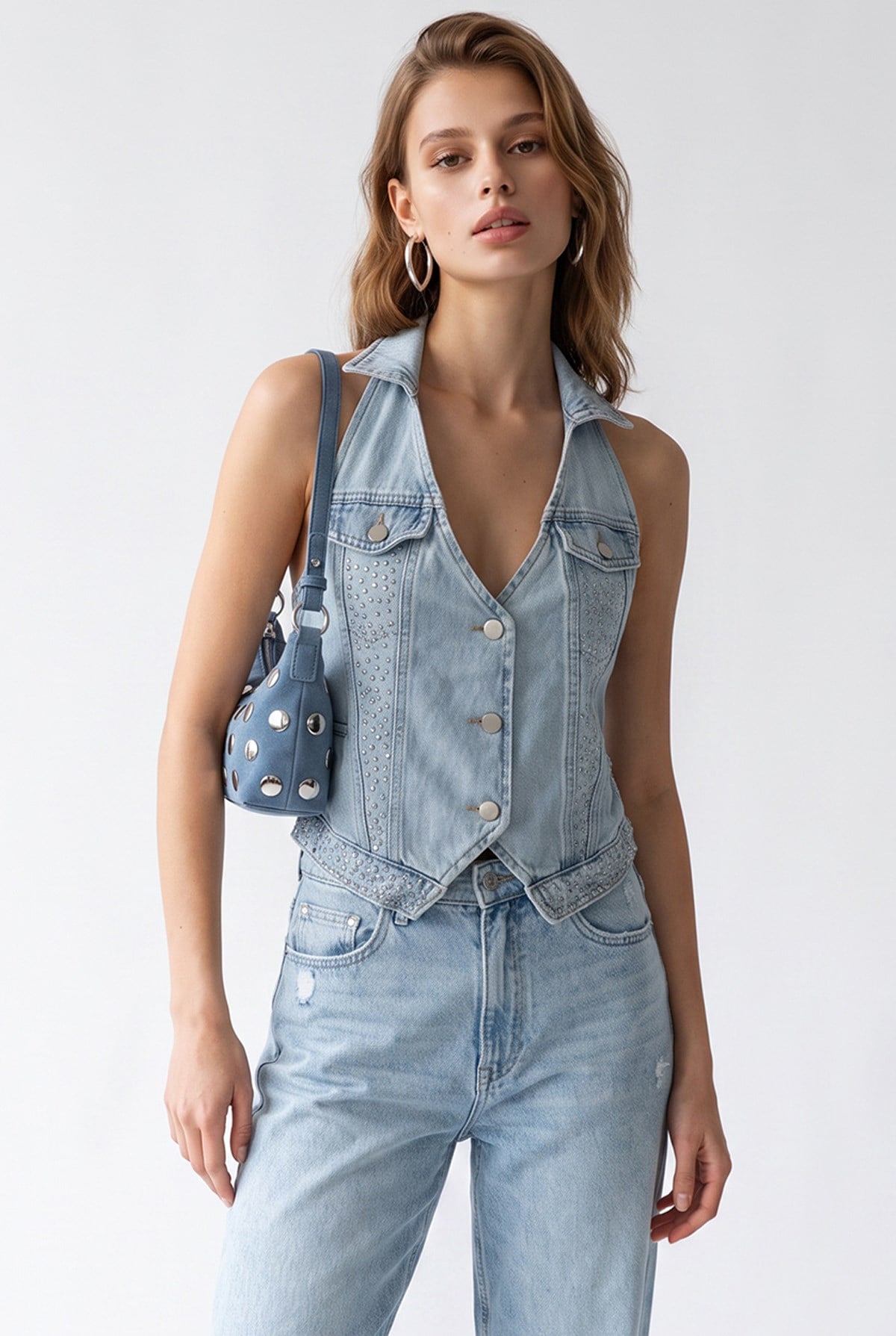2208 Kadın Taş İşlemeli Sırt Dekolteli Denim Yelek Mavi