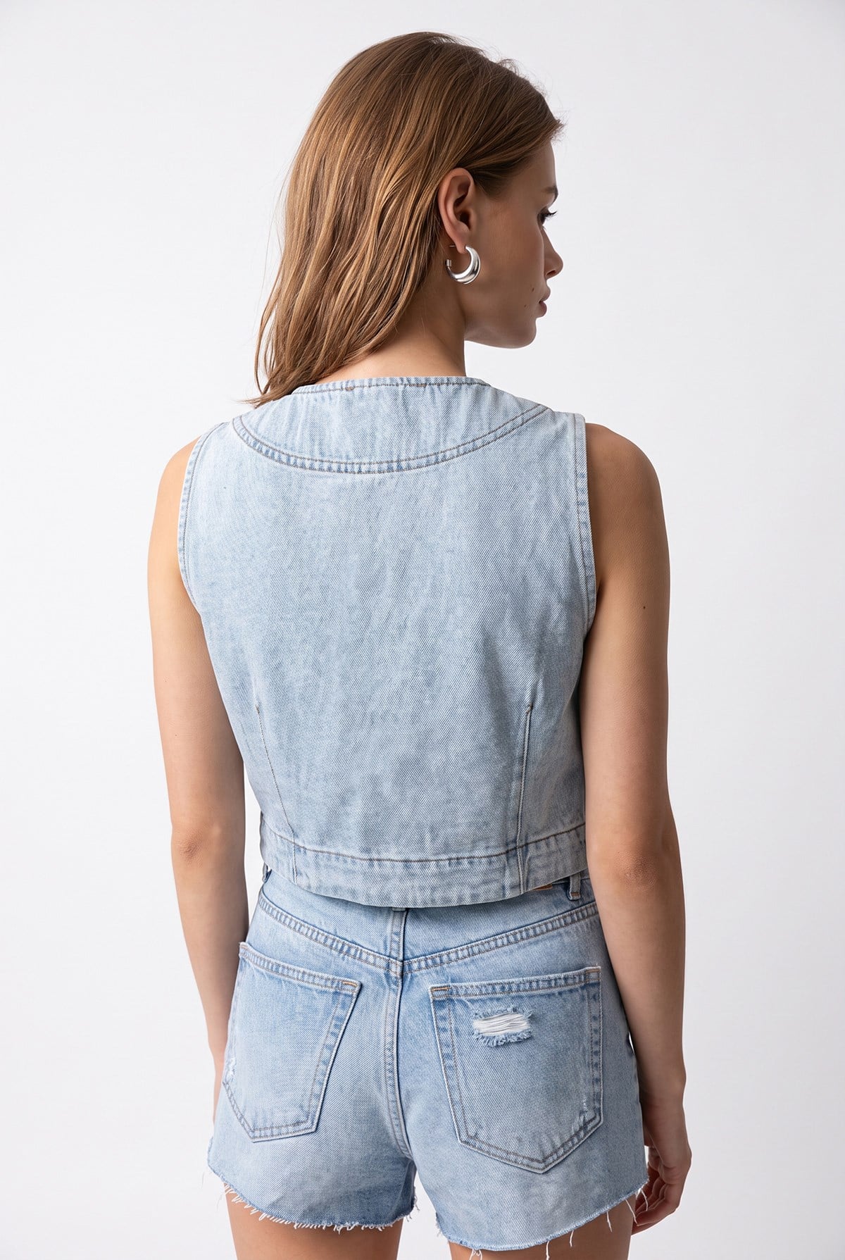 2210 Kadın Taş İşlemeli Sırt Dekolteli Denim Yelek Mavi