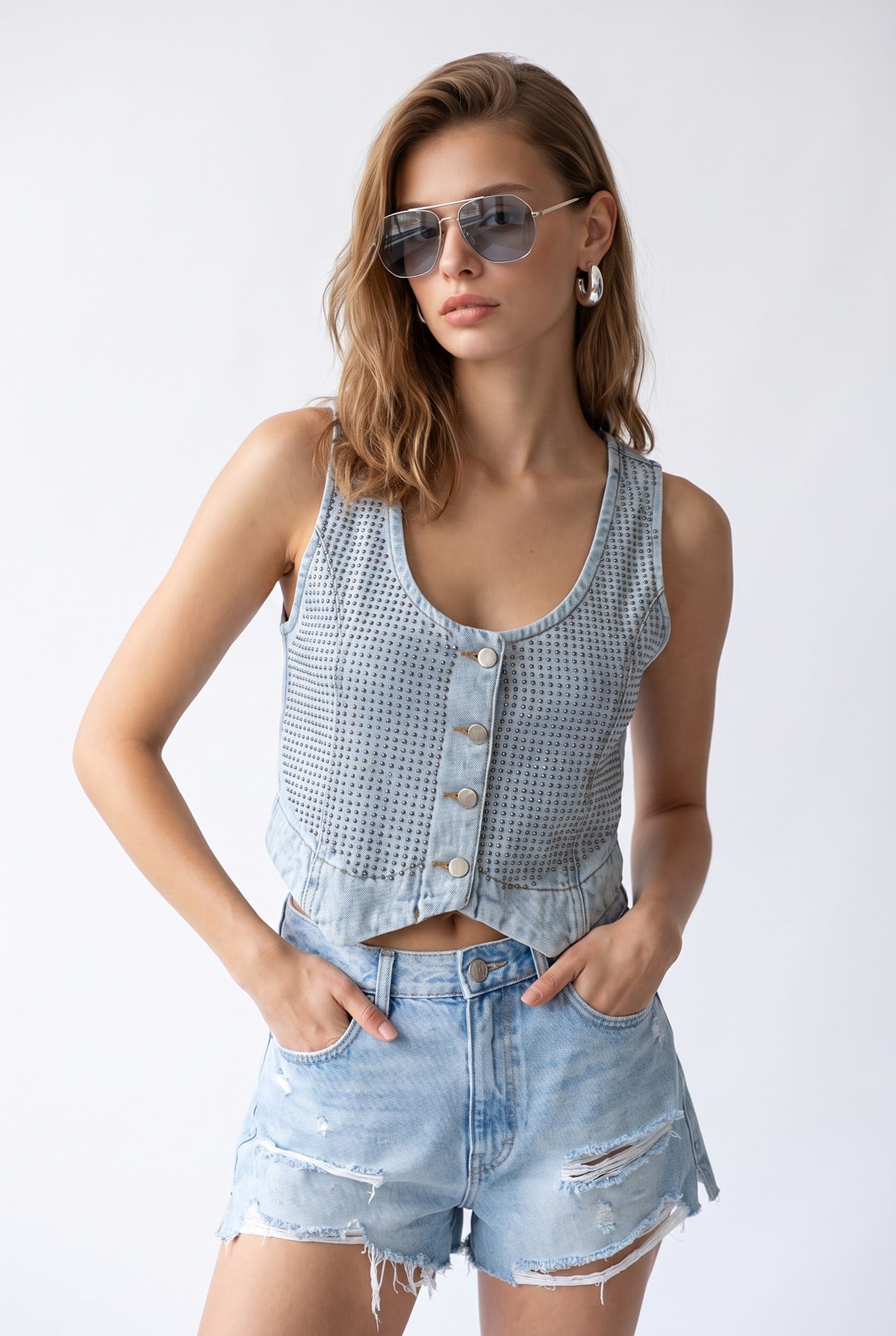 2210 Kadın Taş İşlemeli Sırt Dekolteli Denim Yelek Mavi