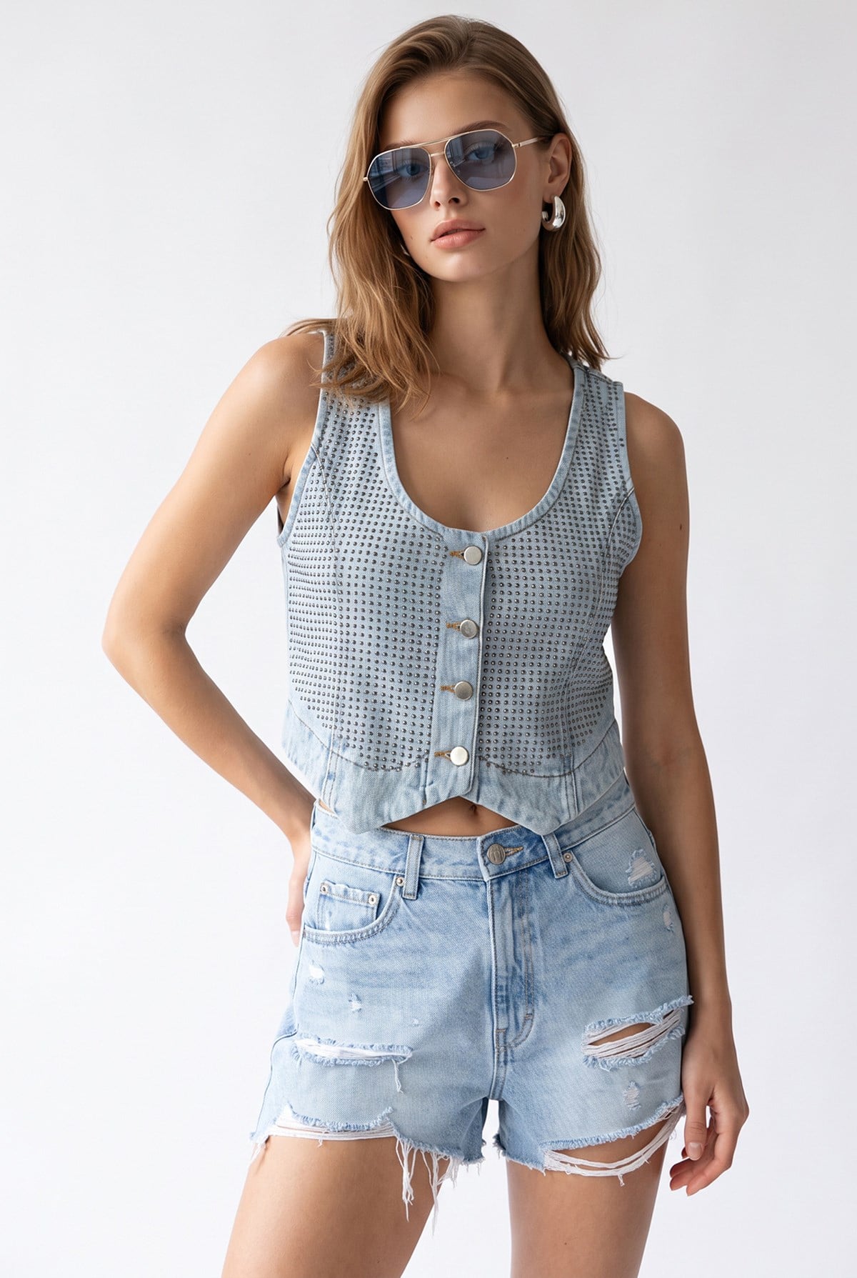 2210 Kadın Taş İşlemeli Sırt Dekolteli Denim Yelek Mavi