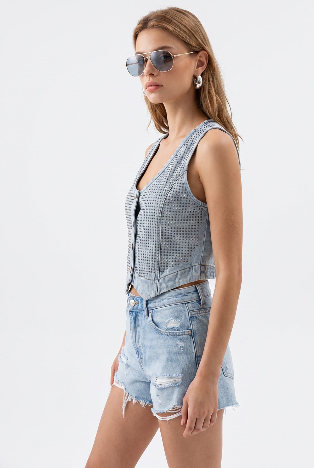 2210 Kadın Taş İşlemeli Sırt Dekolteli Denim Yelek Mavi